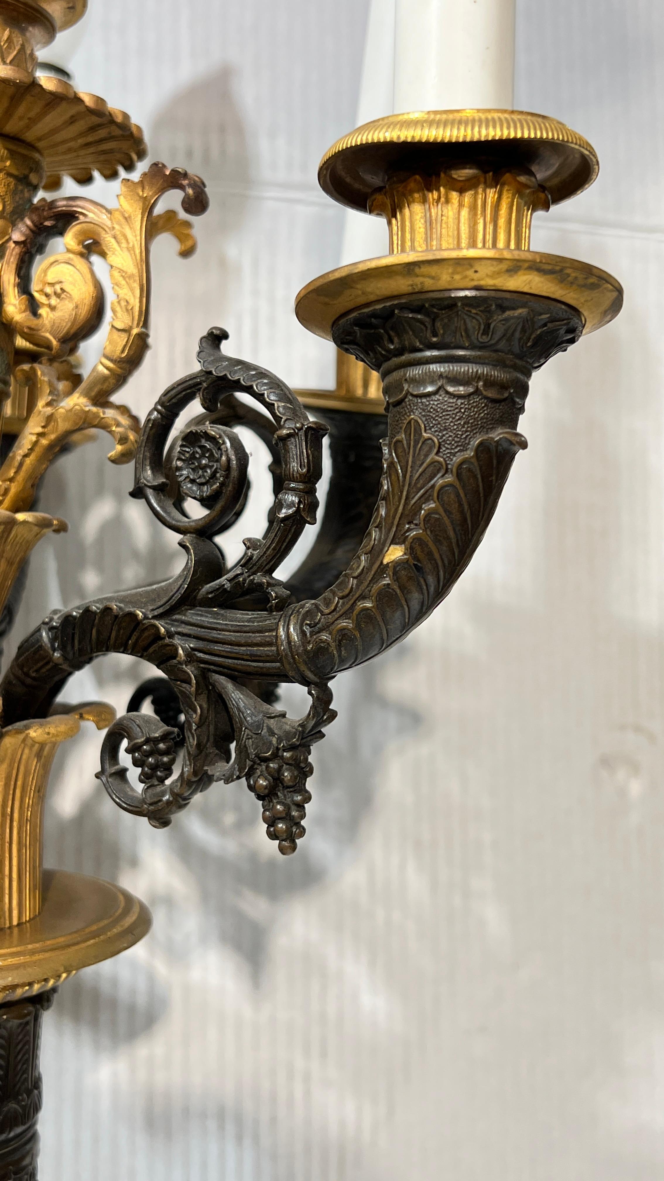 Pair 19th Century French Empire Gilt and Patinated Bronze Candelabra Lamps For Sale 2