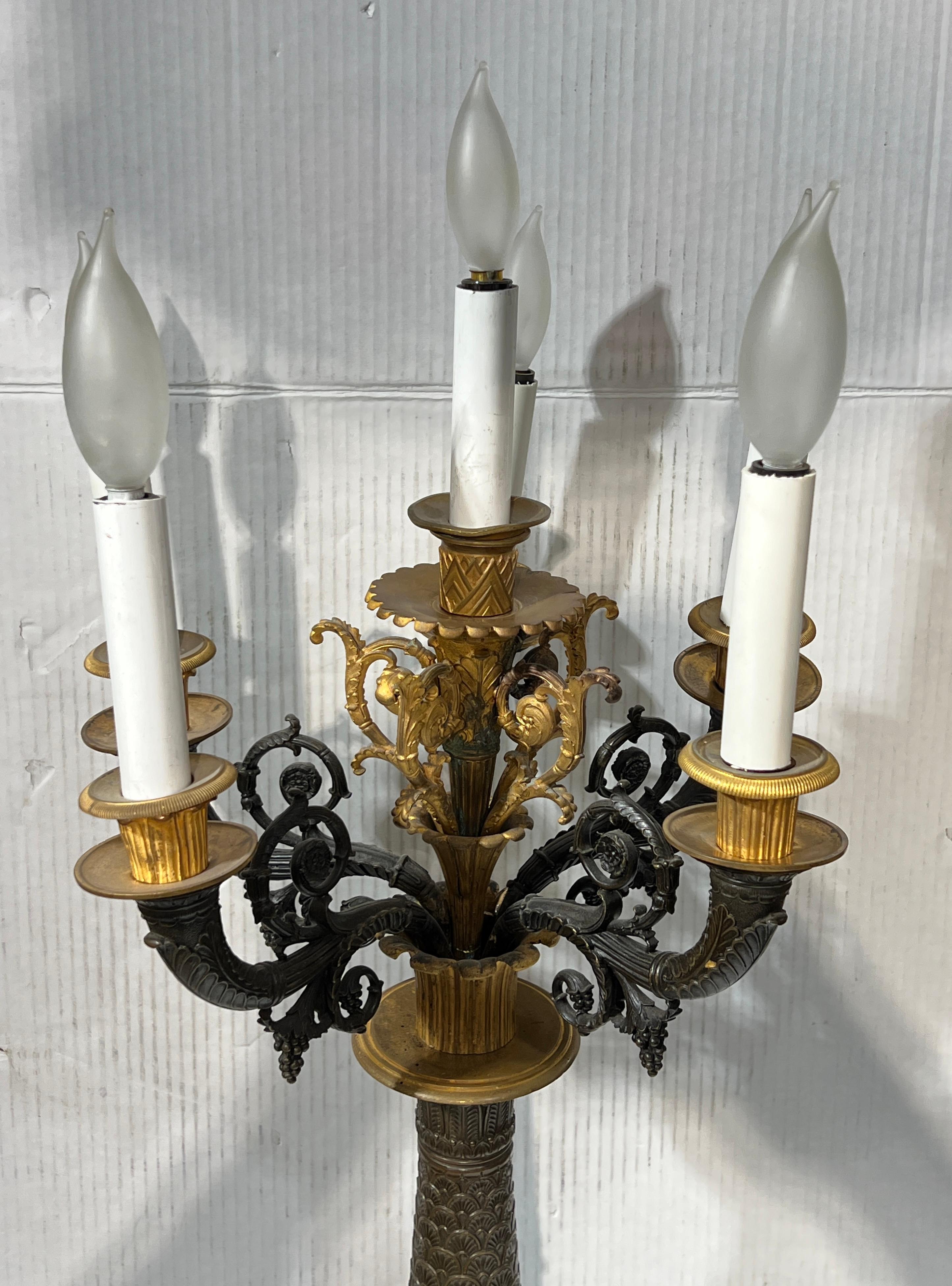 Pair 19th Century French Empire Gilt and Patinated Bronze Candelabra Lamps For Sale 4