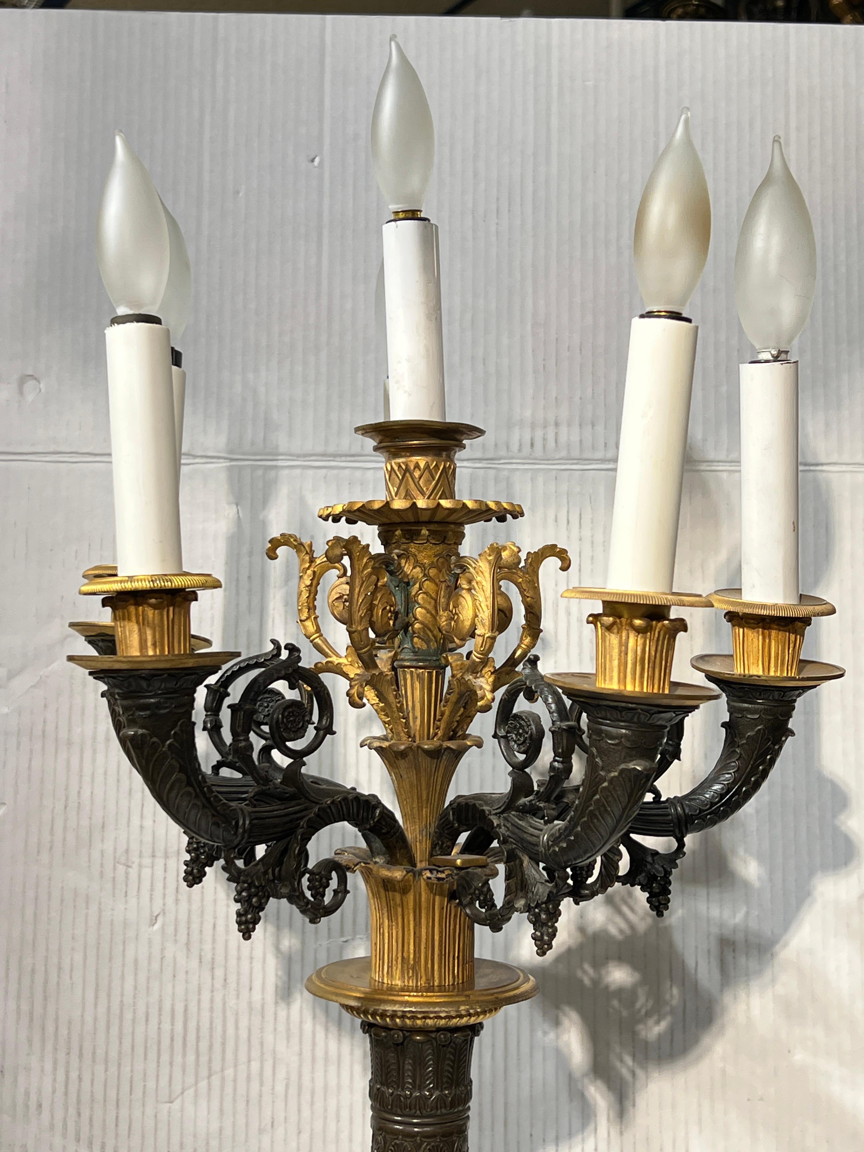Pair 19th Century French Empire Gilt and Patinated Bronze Candelabra Lamps For Sale 5