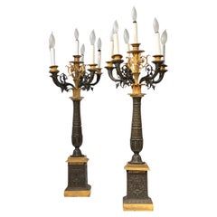 Pair 19th Century French Empire Gilt and Patinated Bronze Candelabra Lamps