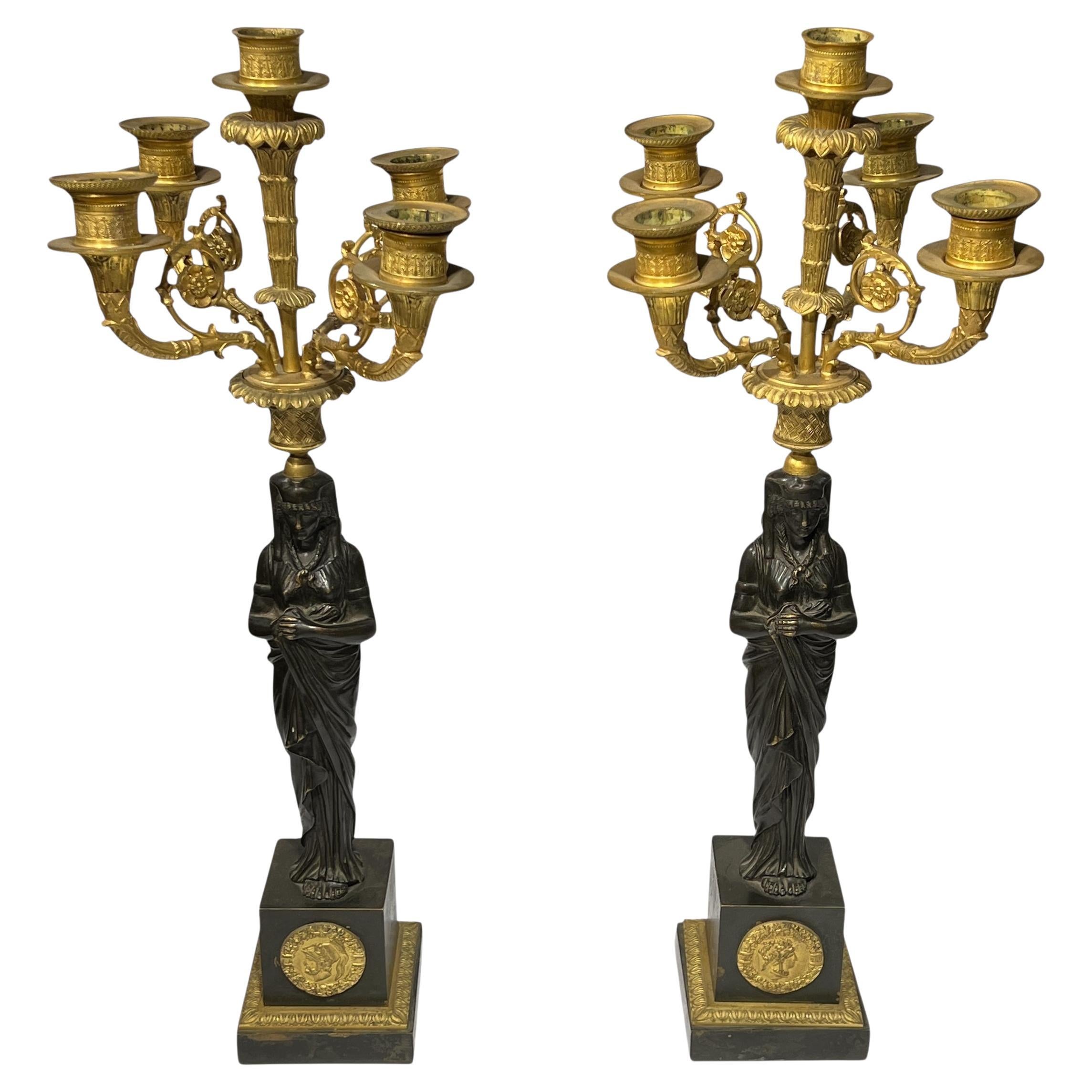 Pair 19th Century French Empire Gilt and Patinated Bronze Candelabra Lamps