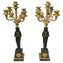 Pair 19th Century French Empire Gilt and Patinated Bronze Candelabra Lamps Pair 19th Century French Empire Gilt and Patinated Bronze Candelabra Lamps