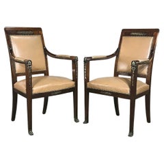 Pair 19th Century French Empire Mahogany Armchairs w/ Leather and Bronze Mounts
