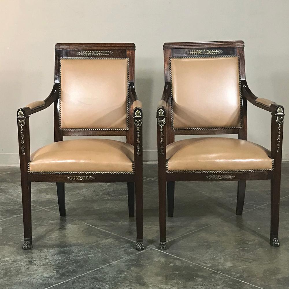 Napoleon III Pair 19th Century French Empire Mahogany Armchairs with Leather & Bronze Mounts For Sale