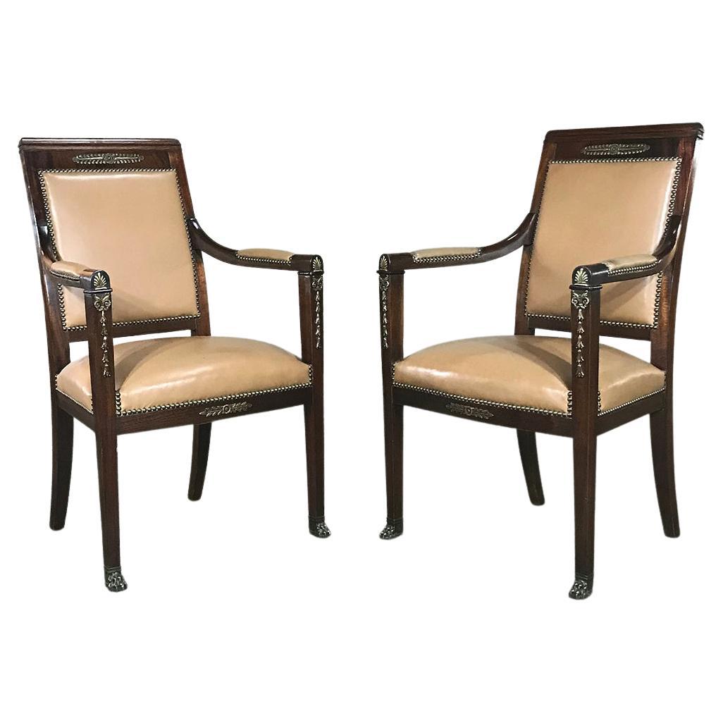 Pair 19th Century French Empire Mahogany Armchairs with Leather & Bronze Mounts For Sale