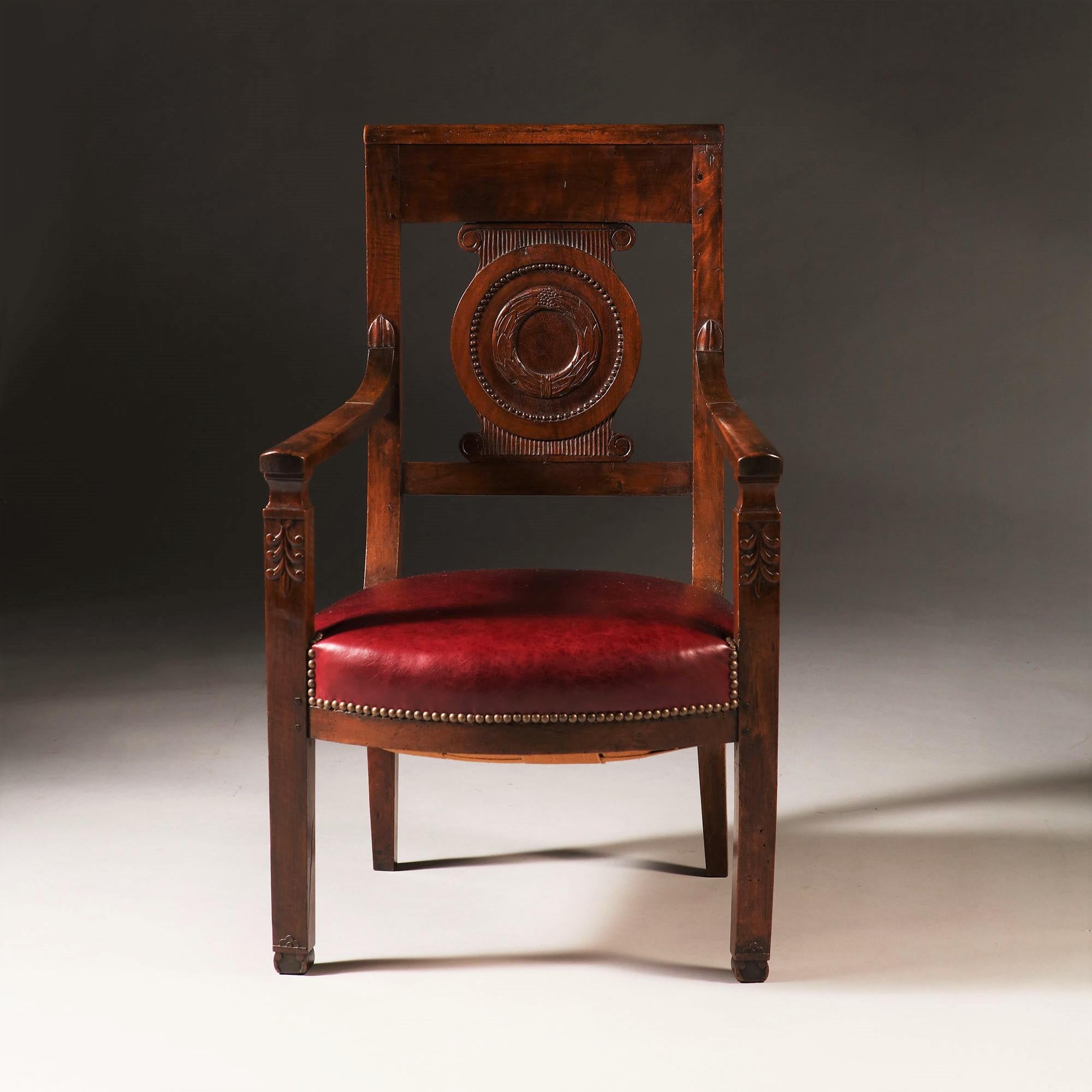 Leather 19th Century French Empire Mahogany Brown Wood Fauteuils or Armchairs Red, Pair For Sale