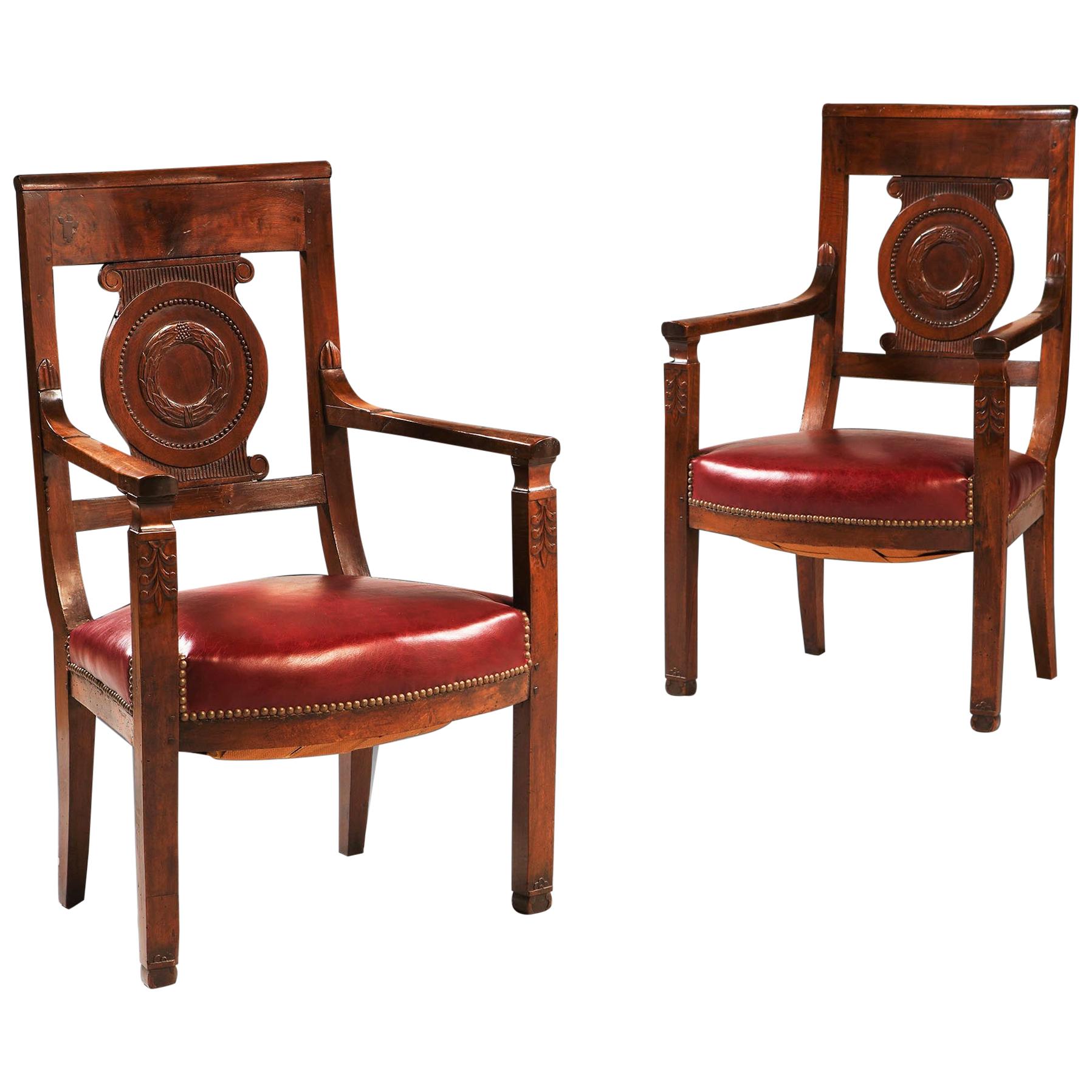 19th Century French Empire Mahogany Brown Wood Fauteuils or Armchairs Red, Pair