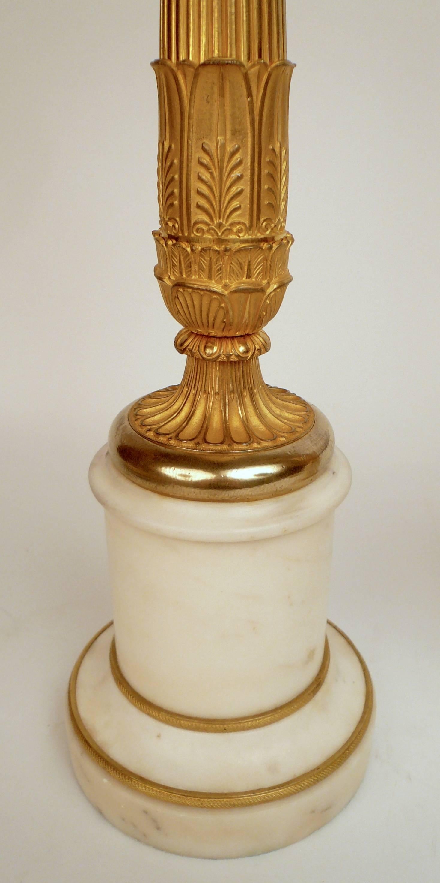 Pair 19th Century French Empire Ormolu and Marble Columnar Form Lamp Bases 5