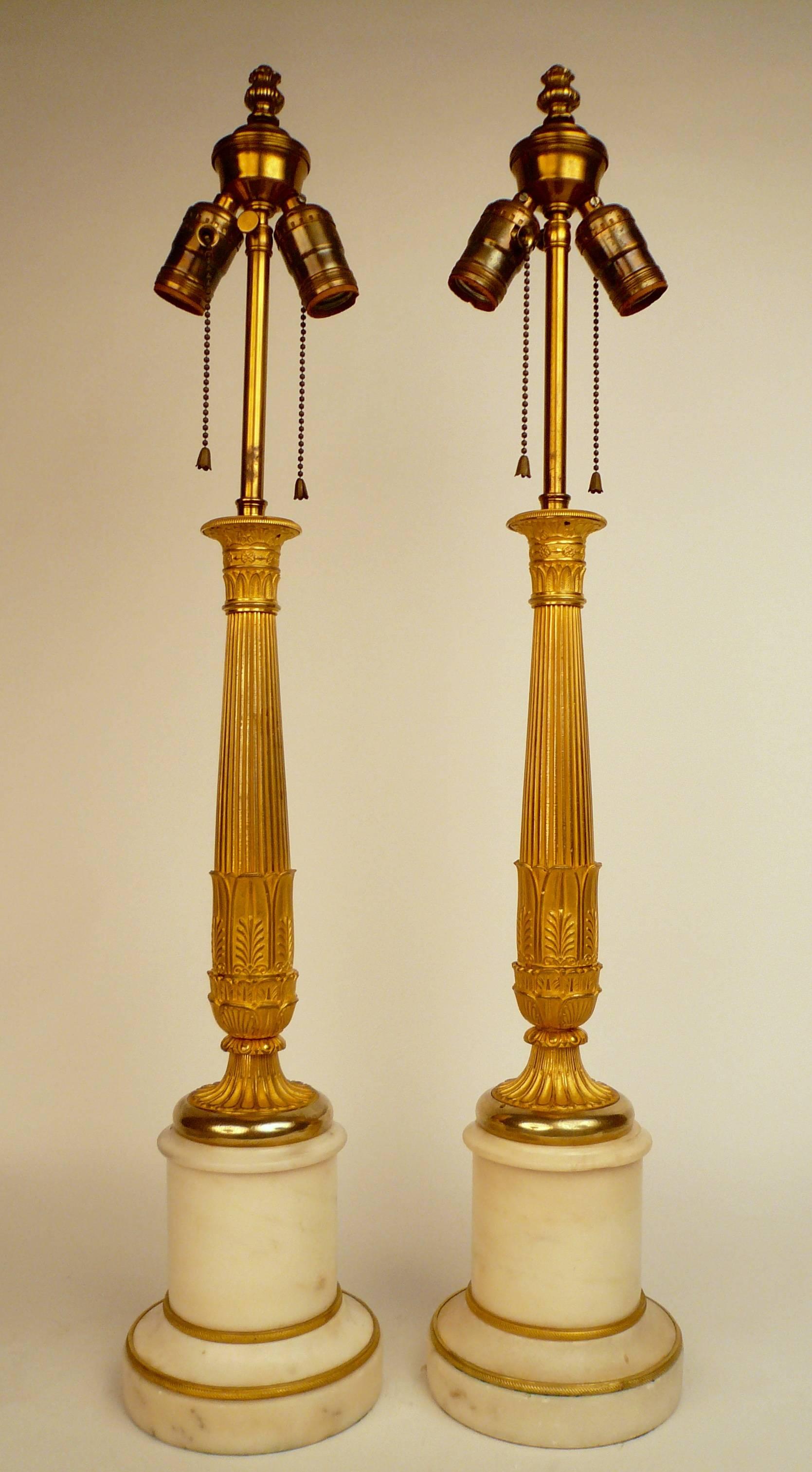 Neoclassical Pair 19th Century French Empire Ormolu and Marble Columnar Form Lamp Bases