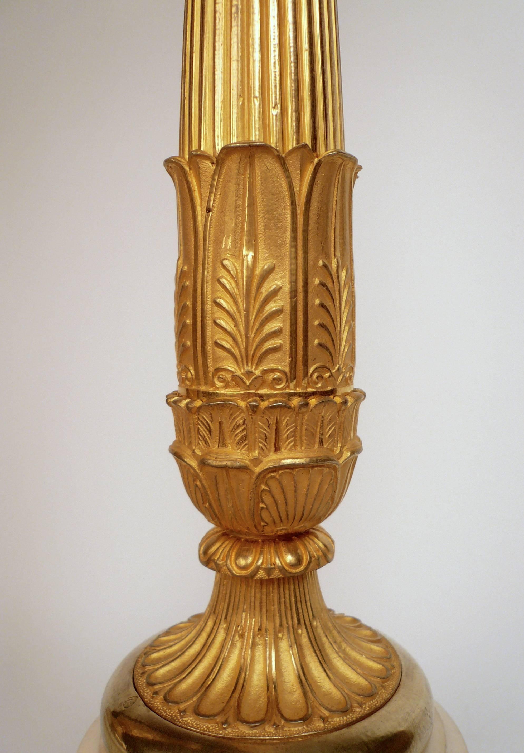 Pair 19th Century French Empire Ormolu and Marble Columnar Form Lamp Bases In Excellent Condition In Pittsburgh, PA