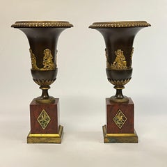 Pair 19th Century French Empire Period Gilt Bronze and Marble Vases