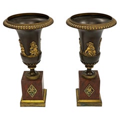 Antique Pair 19th Century French Empire Period Gilt Bronze and Marble Vases