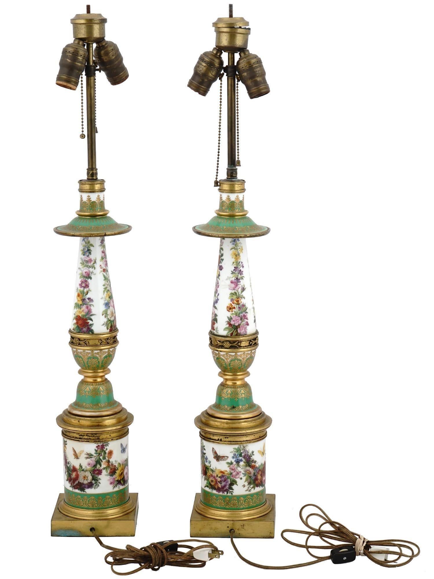 Hand-Painted Pair 19th Century French Empire Style bronze mounted Porcelain Table Lamps For Sale