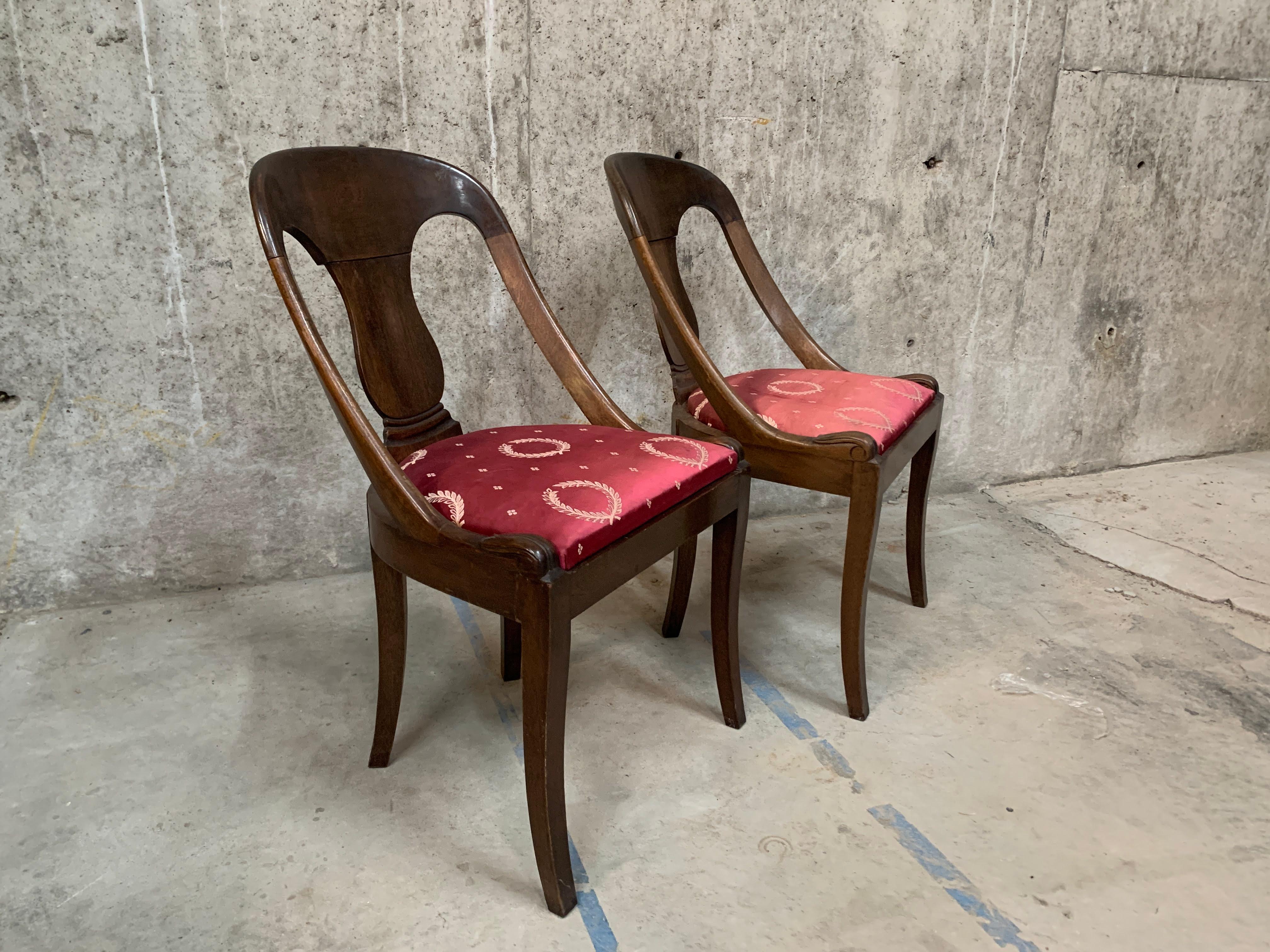 Pair 19th Century French Empire Style Chairs With Red Silk Upholstered Seat  For Sale 1