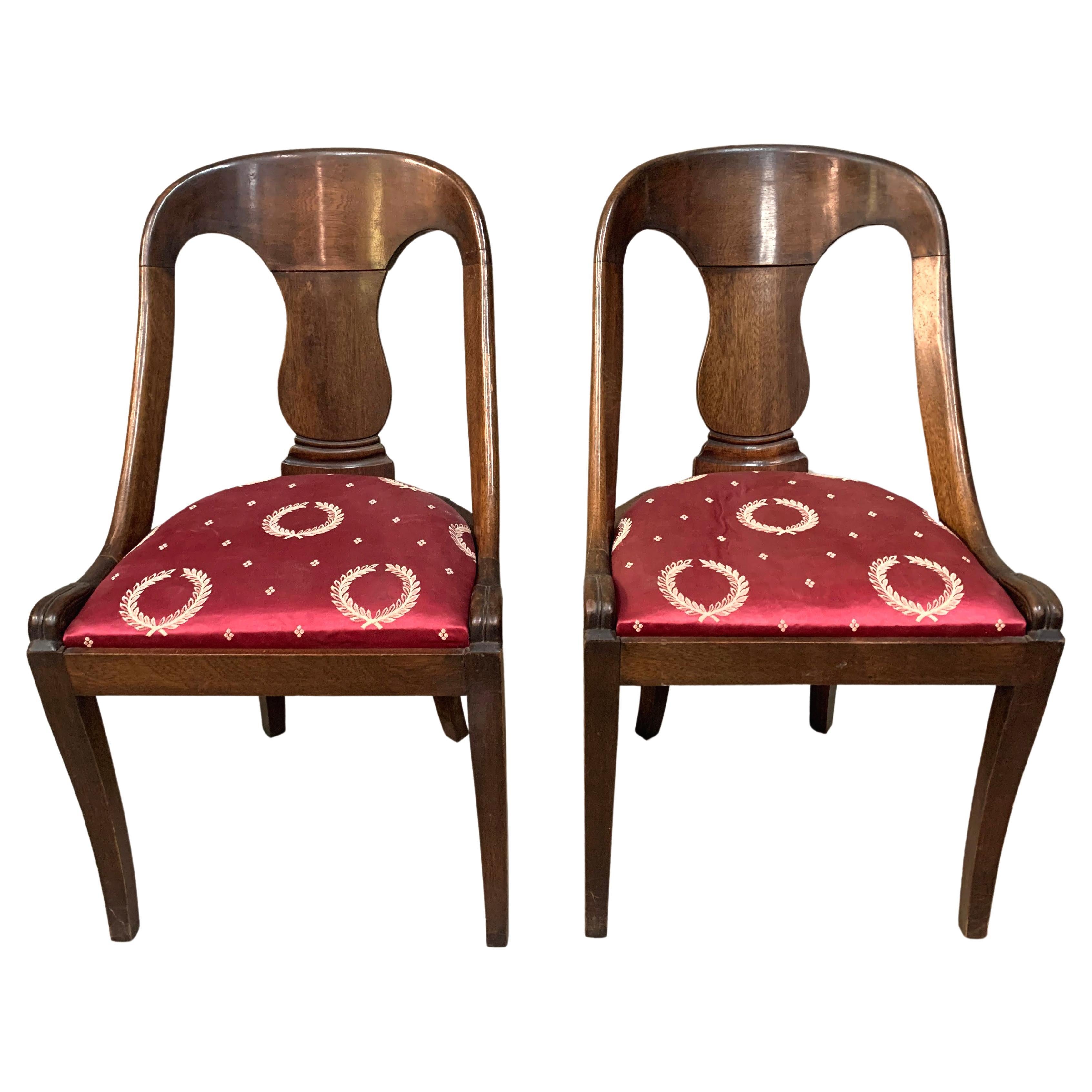 Pair 19th Century French Empire Style Chairs With Red Silk Upholstered Seat  For Sale