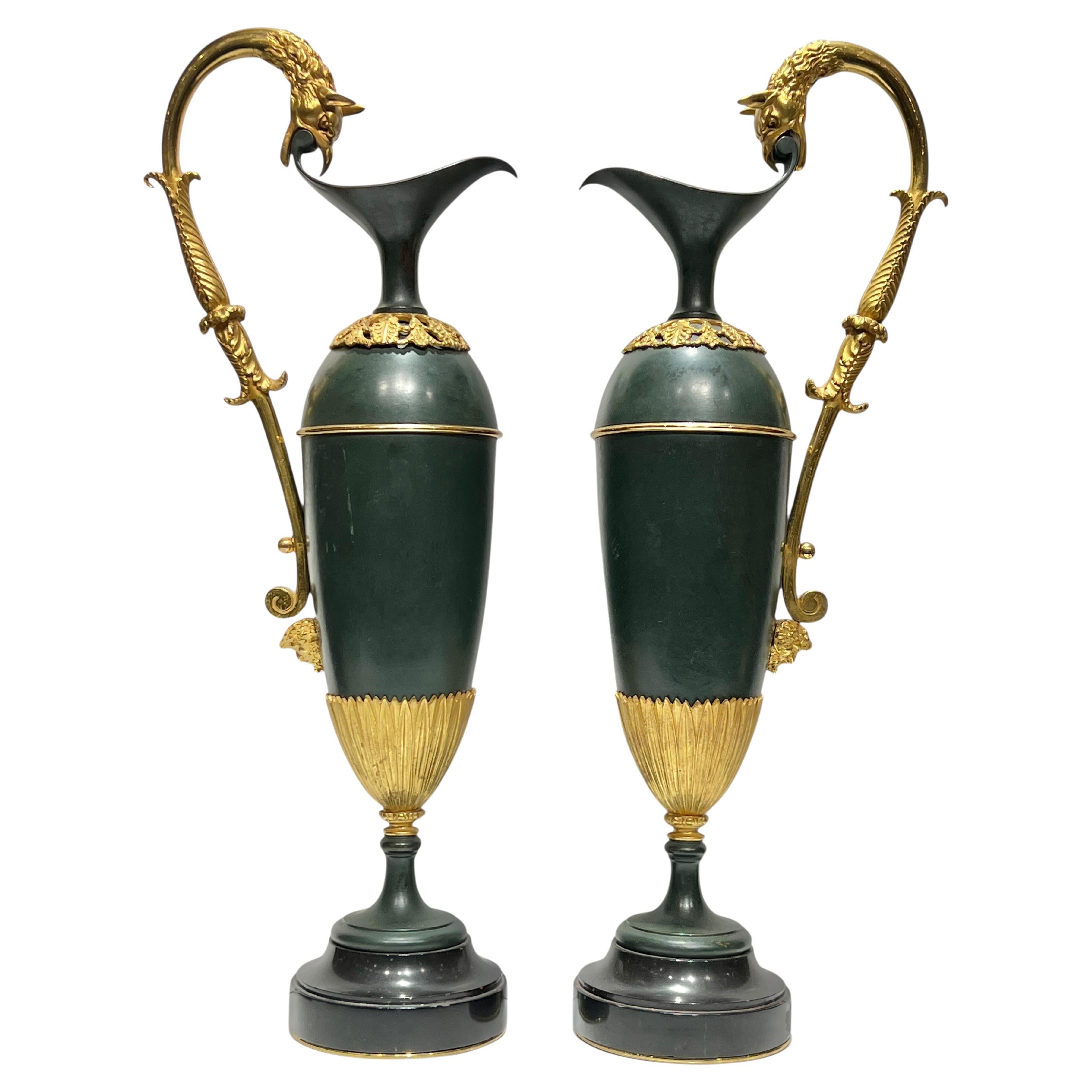 Pair 19th Century French Empire Style Patinated and Gilt Bronze Ewers For Sale