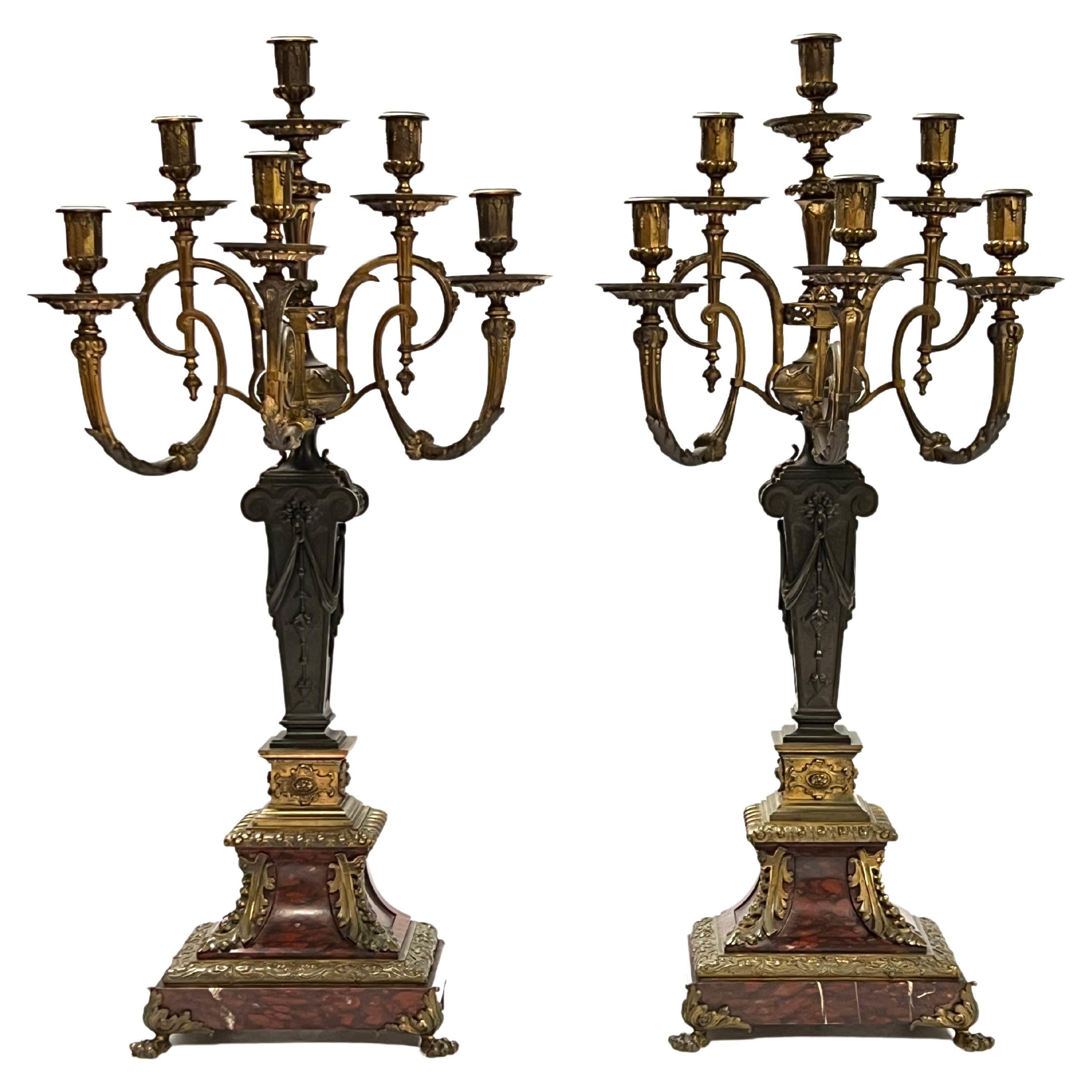 Pair 19th Century French Empire Style Rouge Marble and Bronze Candelabra