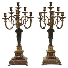 Pair 19th Century French Empire Style Rouge Marble and Bronze Candelabra