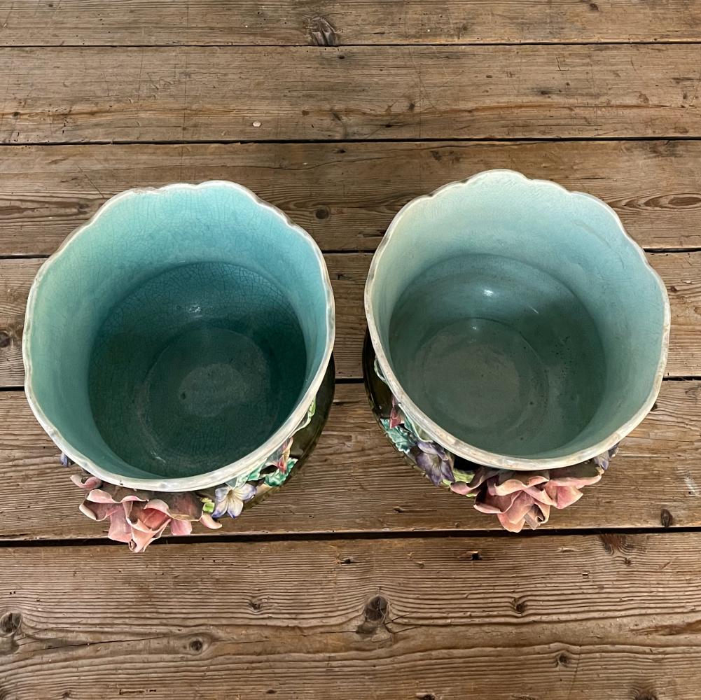 Pair 19th Century French Faience Barbotine Jardinieres, Cachet Pots For Sale 4