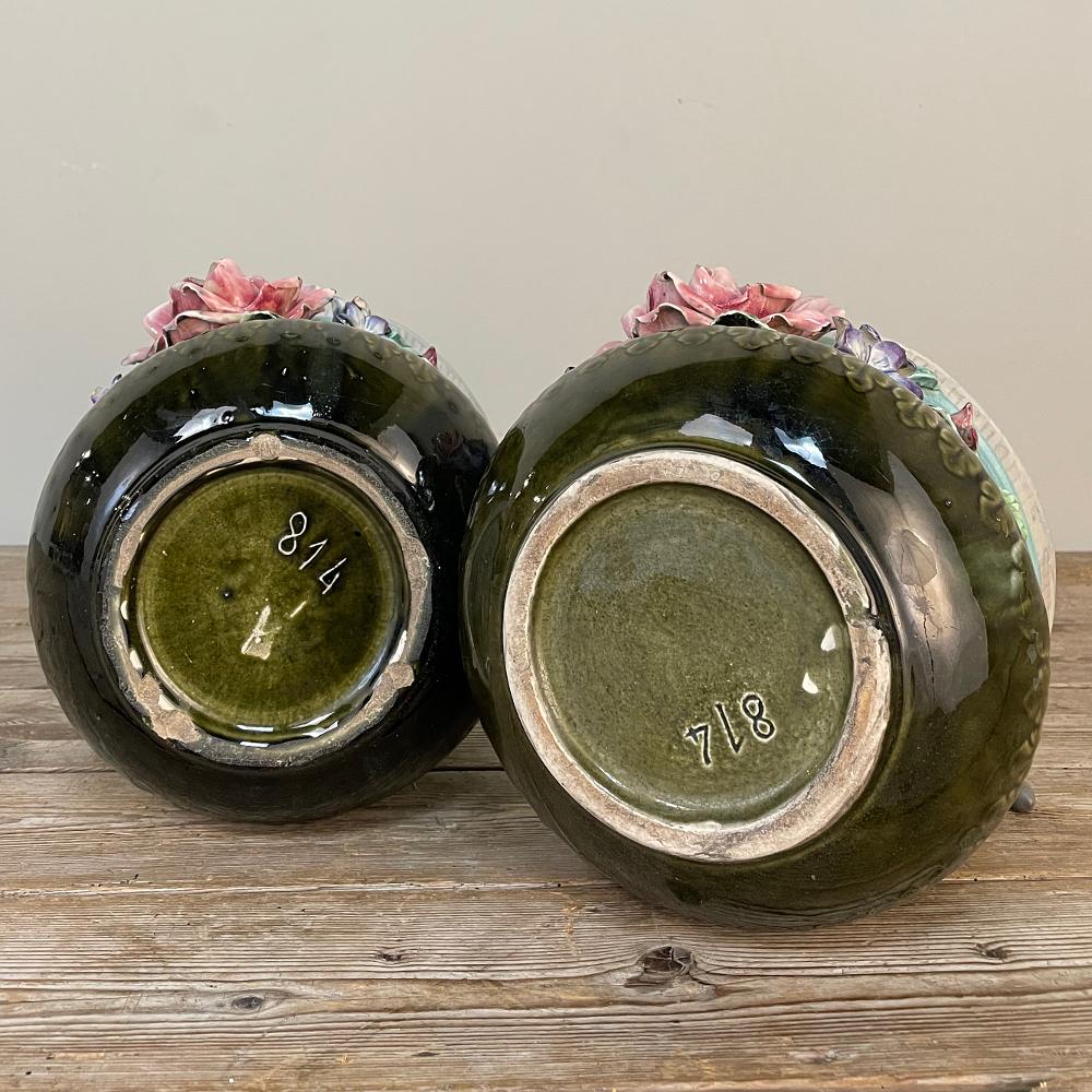 Pair 19th Century French Faience Barbotine Jardinieres, Cachet Pots For Sale 5
