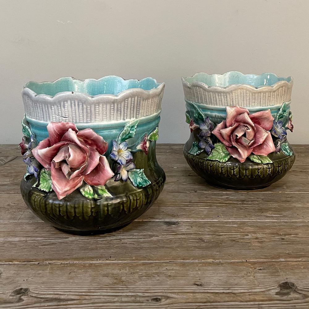 Pair 19th century French Faience barbotine jardinieres ~ Cachet pots not only retain their vivid jewel tone coloration, each has been remarkably well preserved with delicate rose blossom petals being so realistically rendered one is tempted to smell
