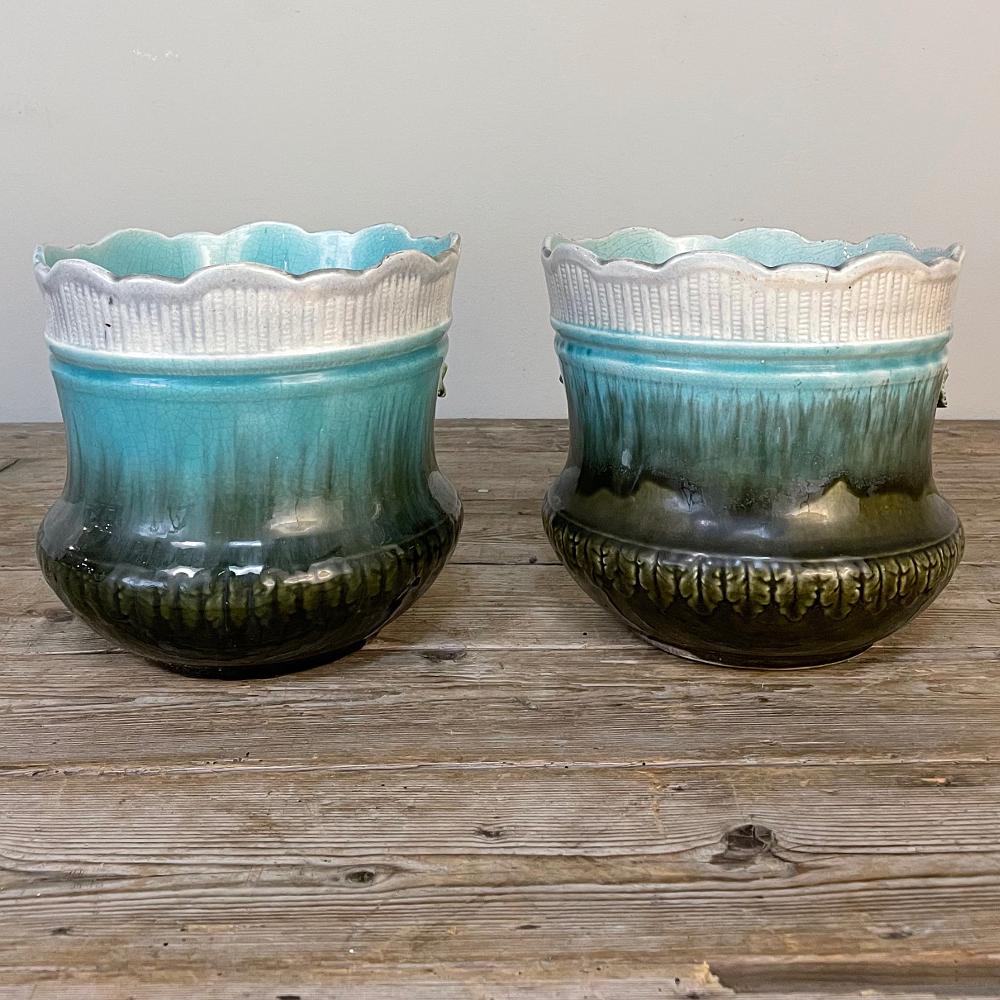 Pair 19th Century French Faience Barbotine Jardinieres, Cachet Pots In Good Condition For Sale In Dallas, TX