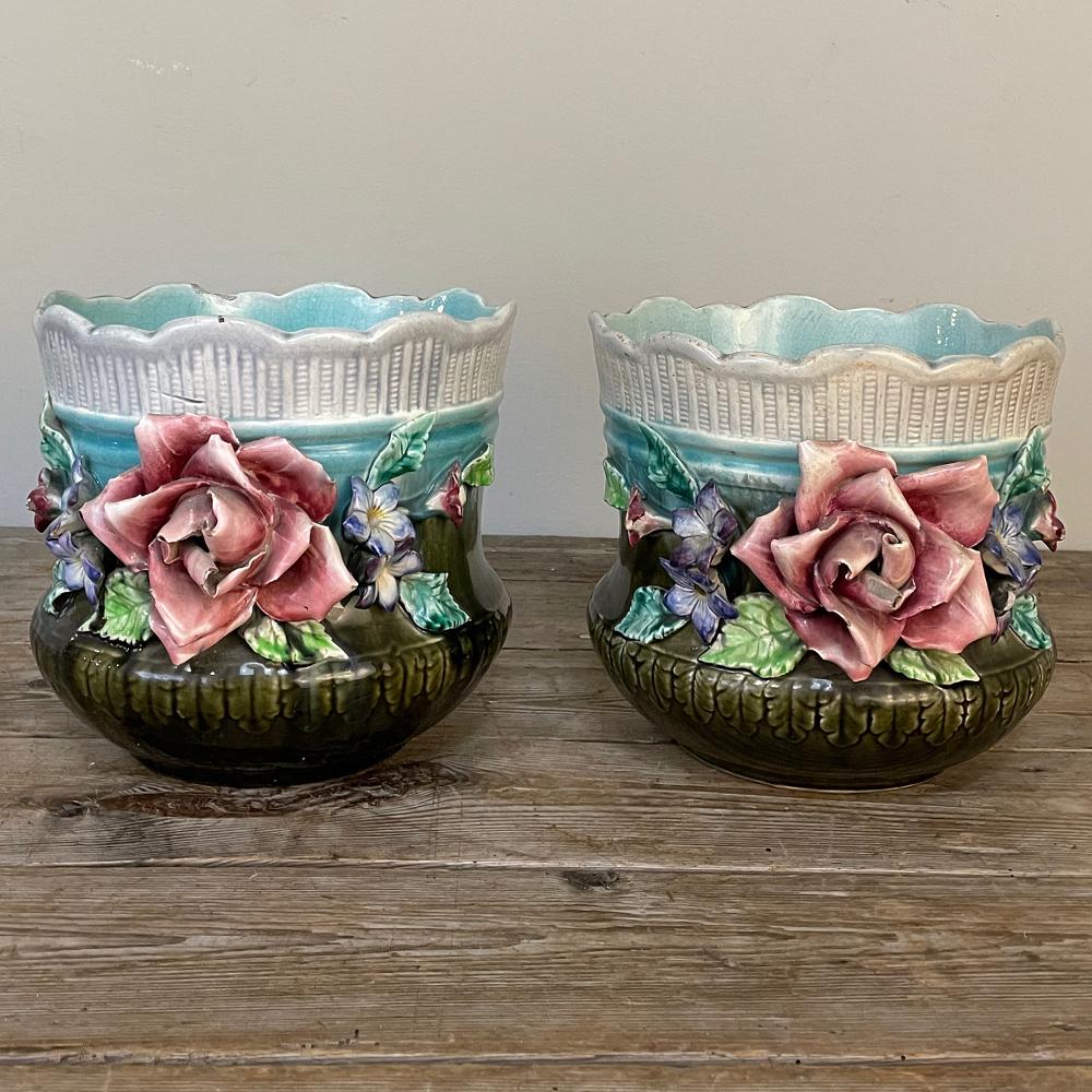 Late 19th Century Pair 19th Century French Faience Barbotine Jardinieres, Cachet Pots For Sale