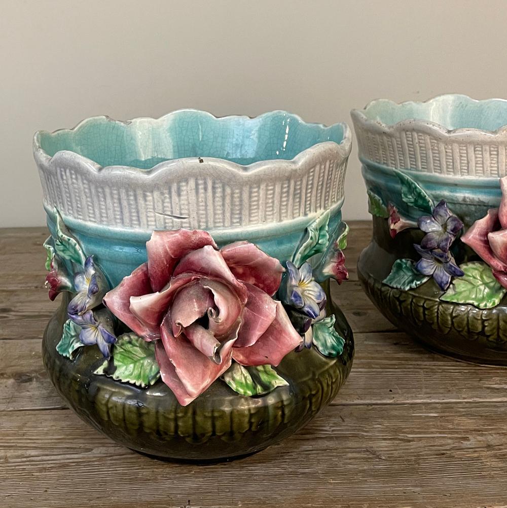 Ceramic Pair 19th Century French Faience Barbotine Jardinieres, Cachet Pots For Sale