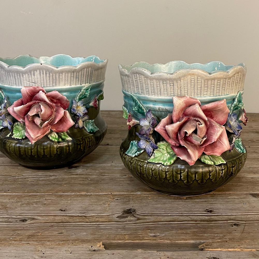 Pair 19th Century French Faience Barbotine Jardinieres, Cachet Pots For Sale 1