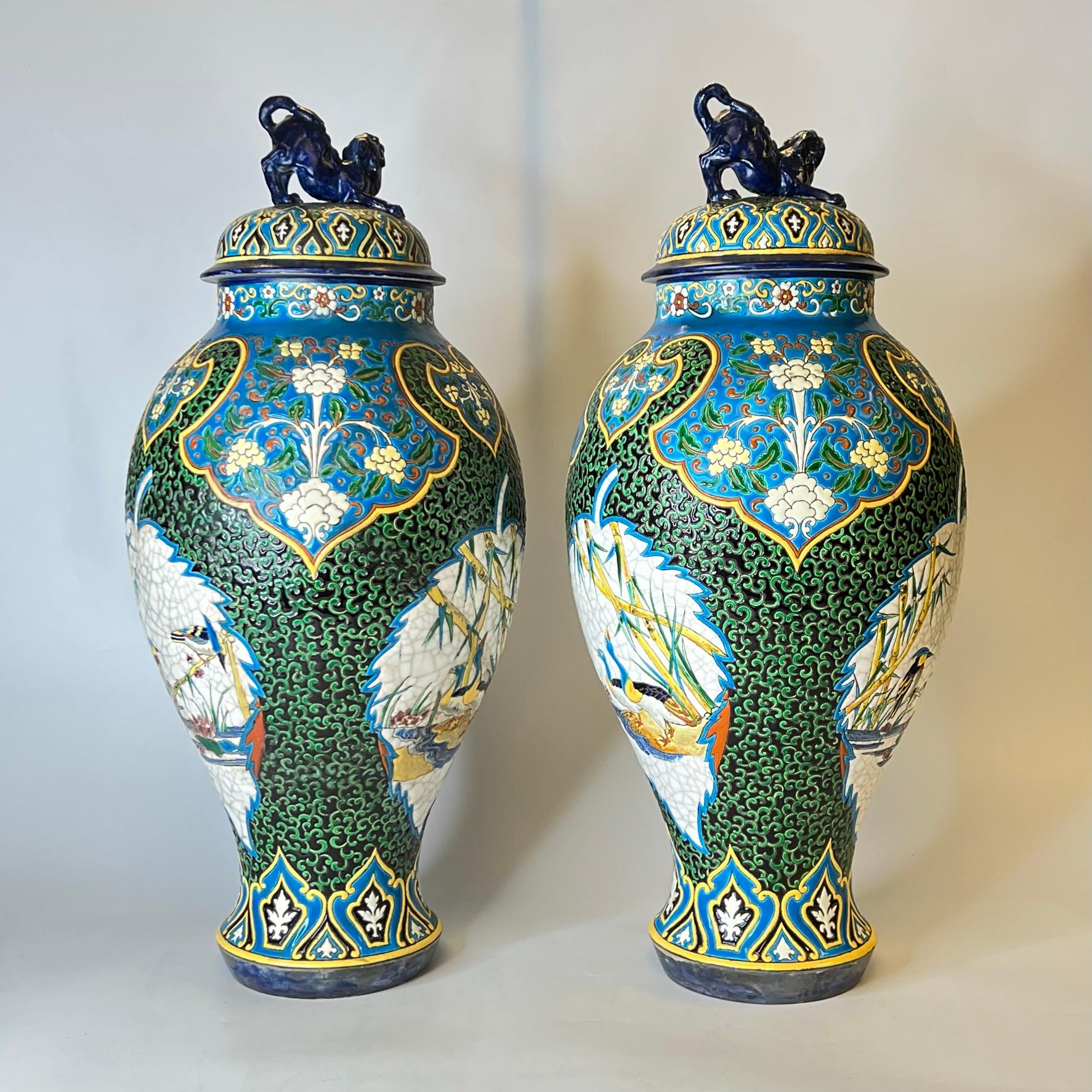 Pair 19th Century French Faience Vases by J. Vieillard & Co with Islamic Motifs In Good Condition In New York, NY