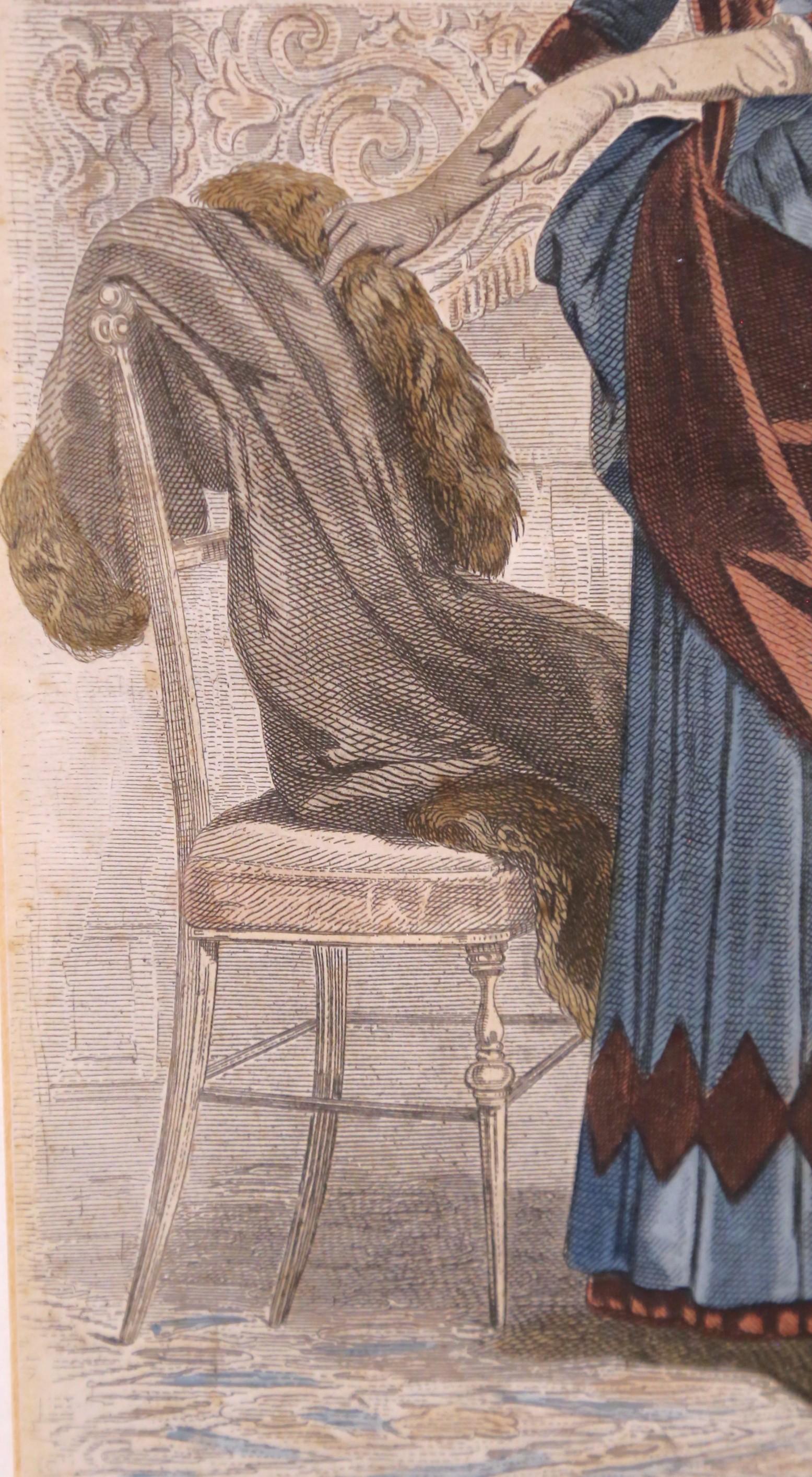 Paar französische Modegravuren des 19. Jahrhunderts in Nussbaumrahmen im Angebot 4