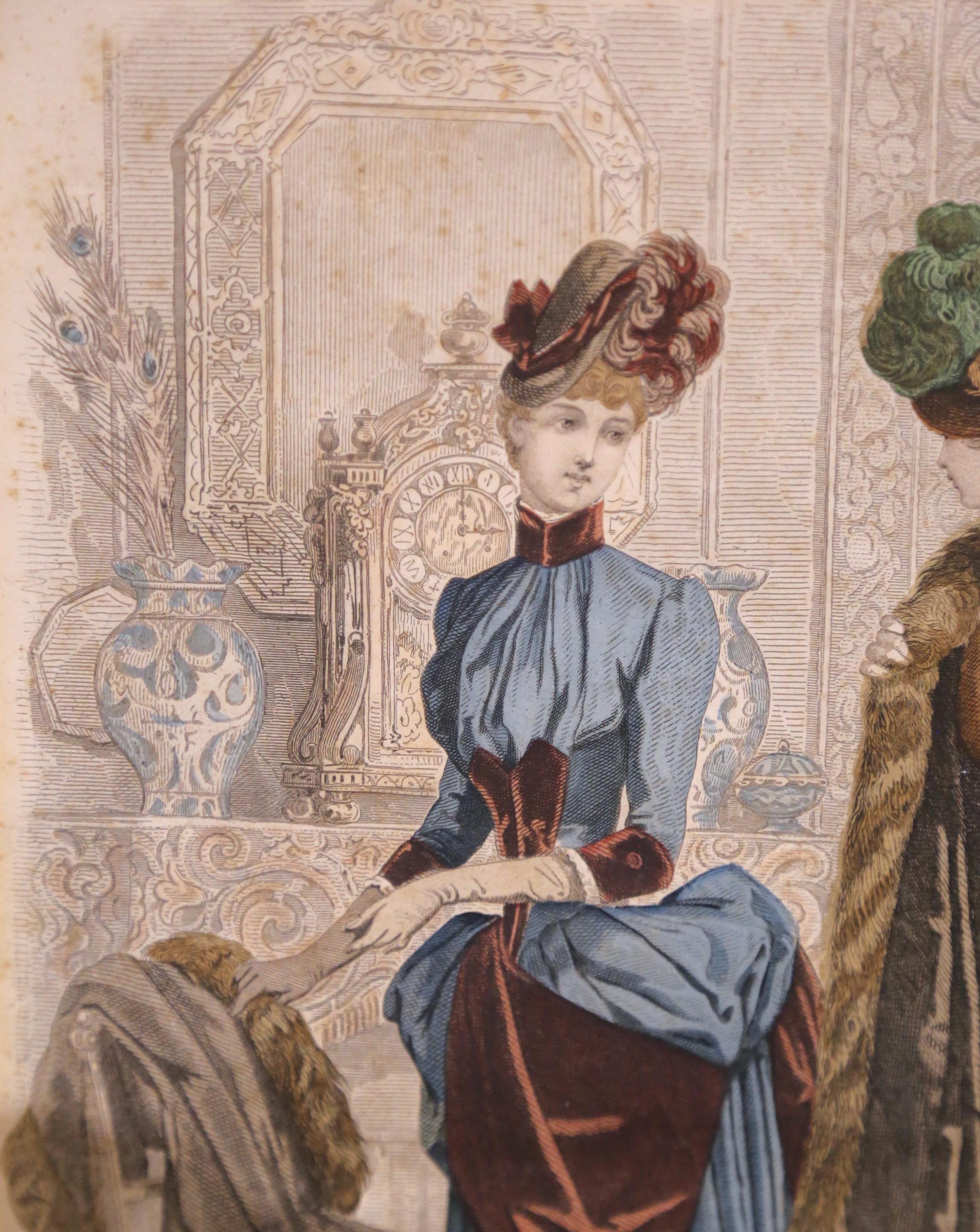 Paar französische Modegravuren des 19. Jahrhunderts in Nussbaumrahmen im Angebot 5