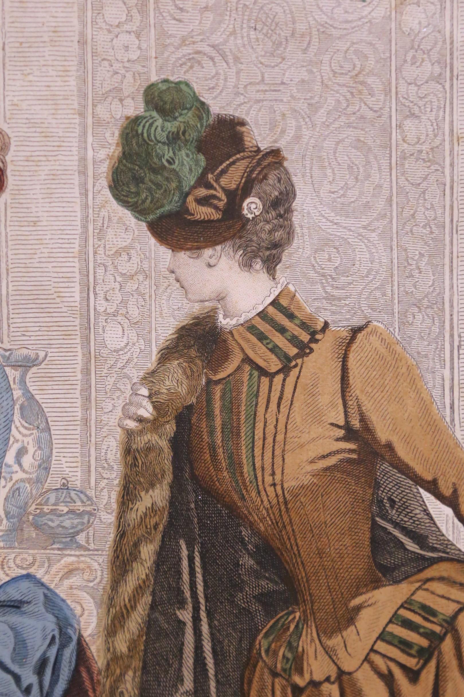 Paar französische Modegravuren des 19. Jahrhunderts in Nussbaumrahmen im Angebot 6