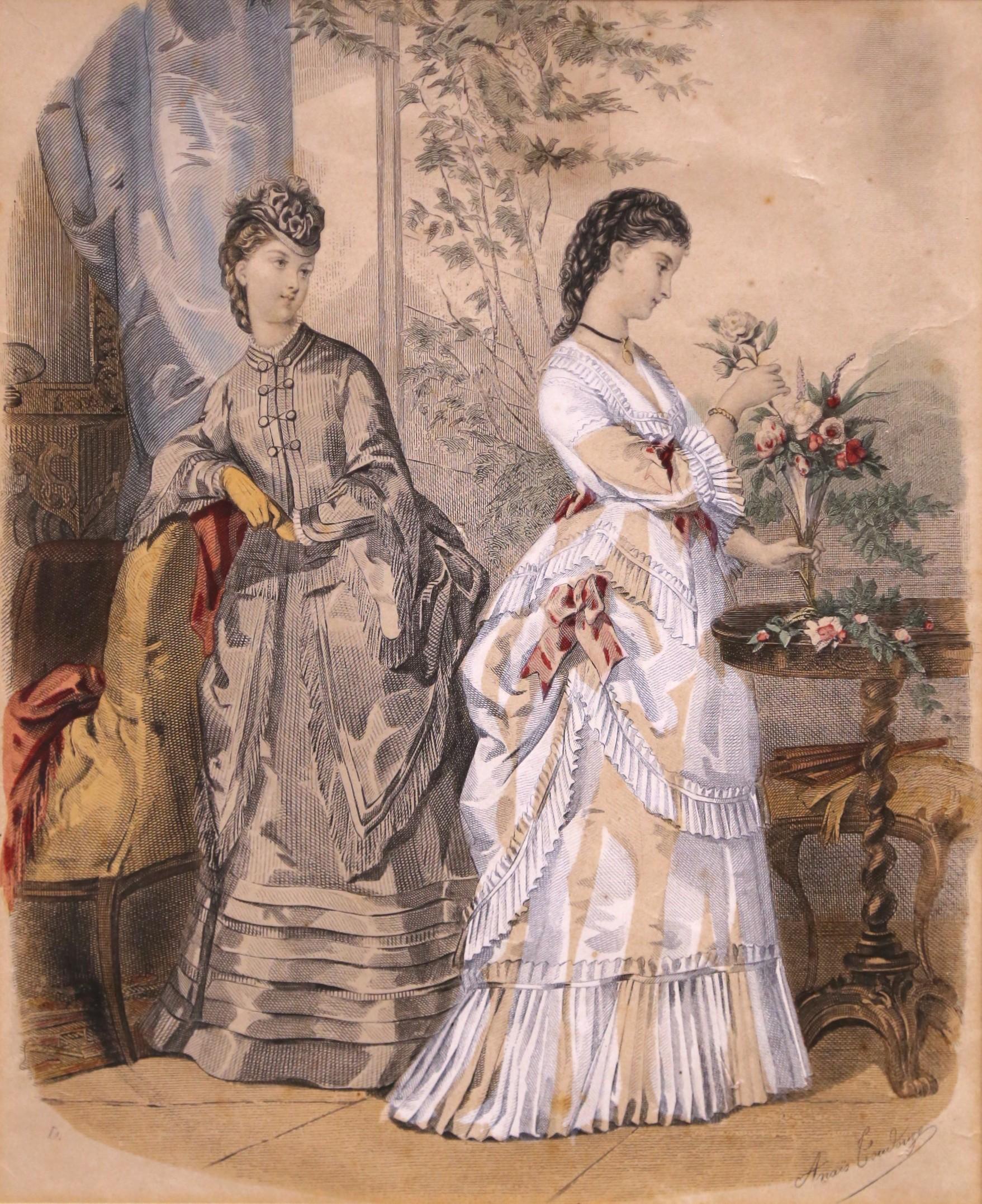 Paar französische Modegravuren des 19. Jahrhunderts in Nussbaumrahmen (Glas) im Angebot