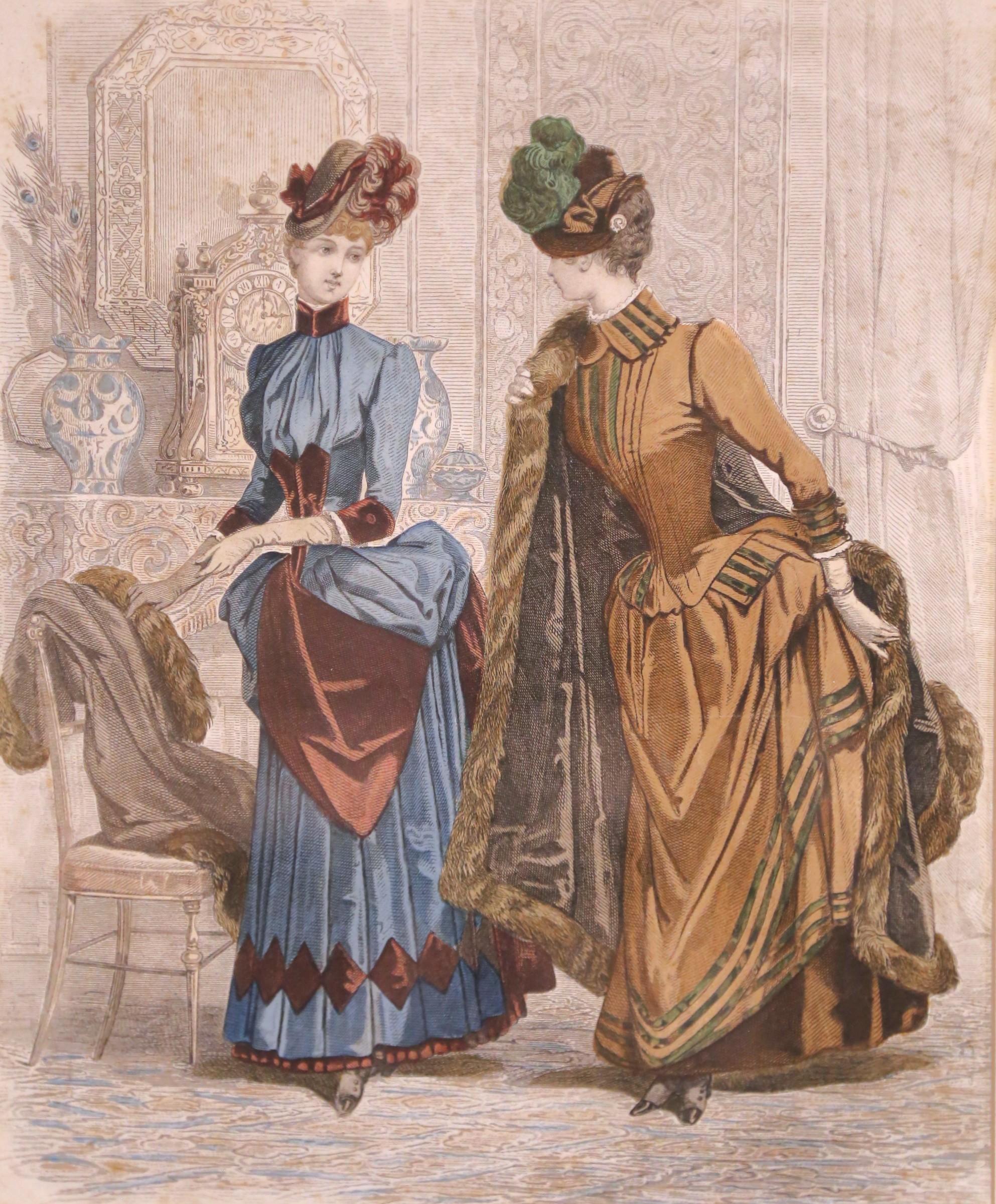 Paar französische Modegravuren des 19. Jahrhunderts in Nussbaumrahmen im Angebot 1