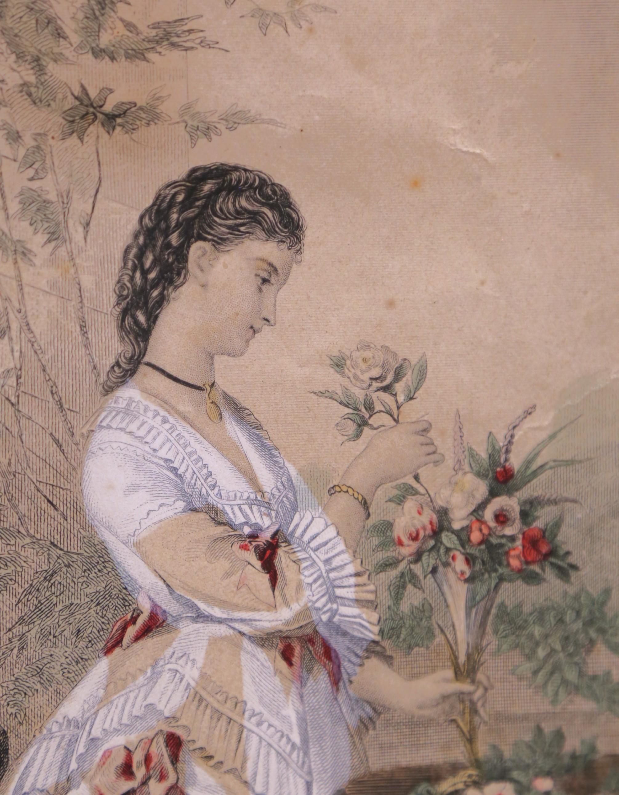 Paar französische Modegravuren des 19. Jahrhunderts in Nussbaumrahmen im Angebot 2