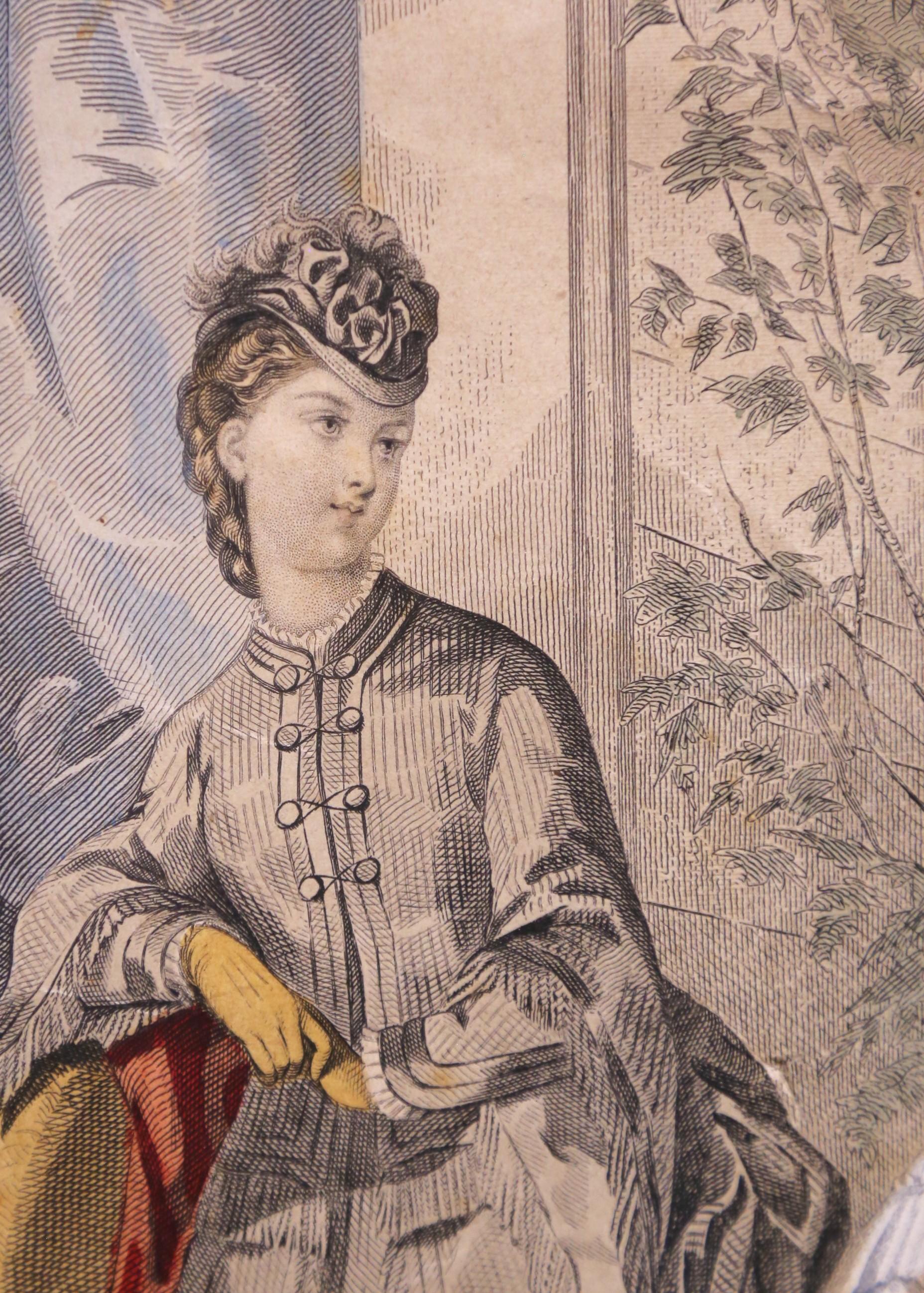 Paar französische Modegravuren des 19. Jahrhunderts in Nussbaumrahmen im Angebot 3