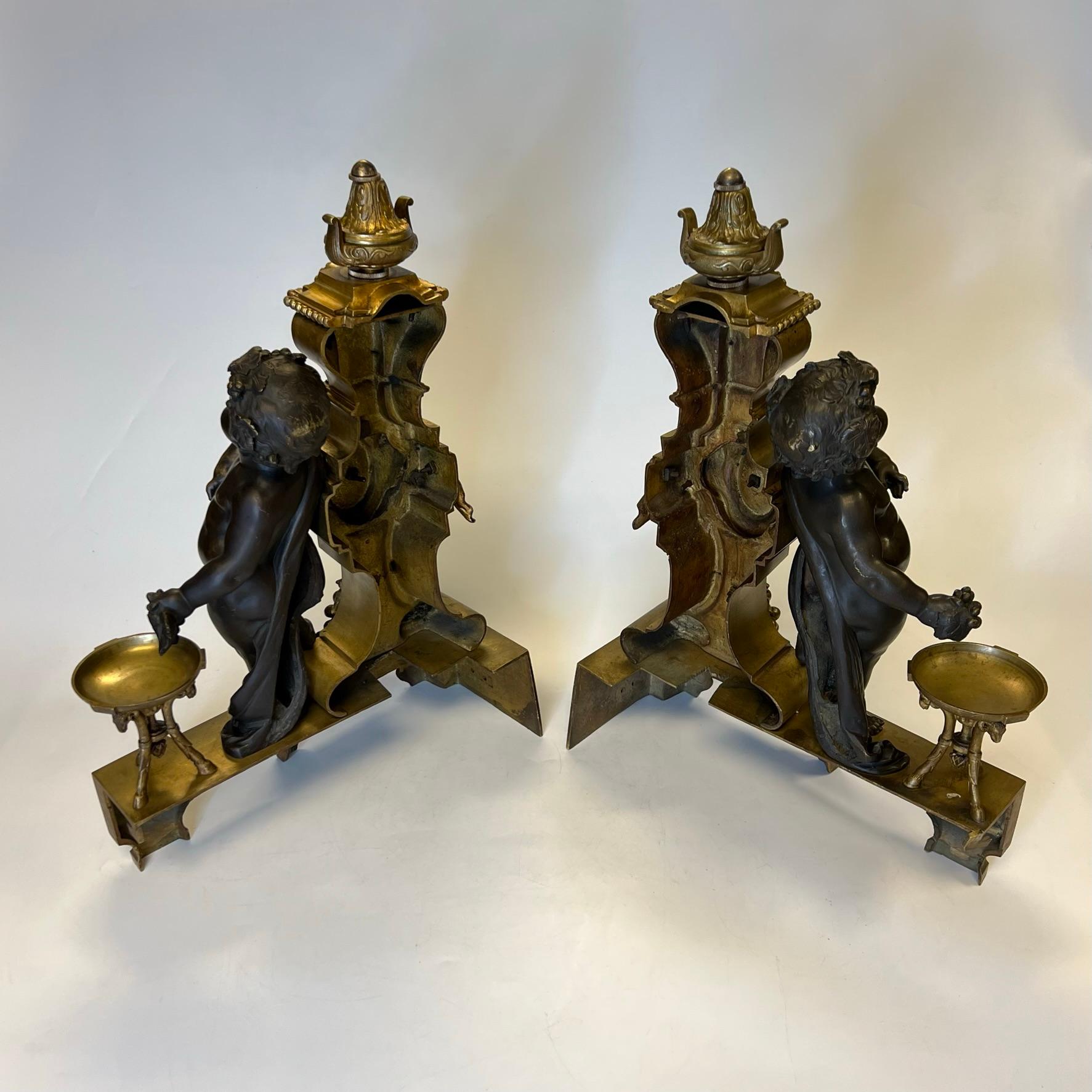 Pair 19th Century French Gilt and Patinated Bronze Chenets in Louis XVI Style 7