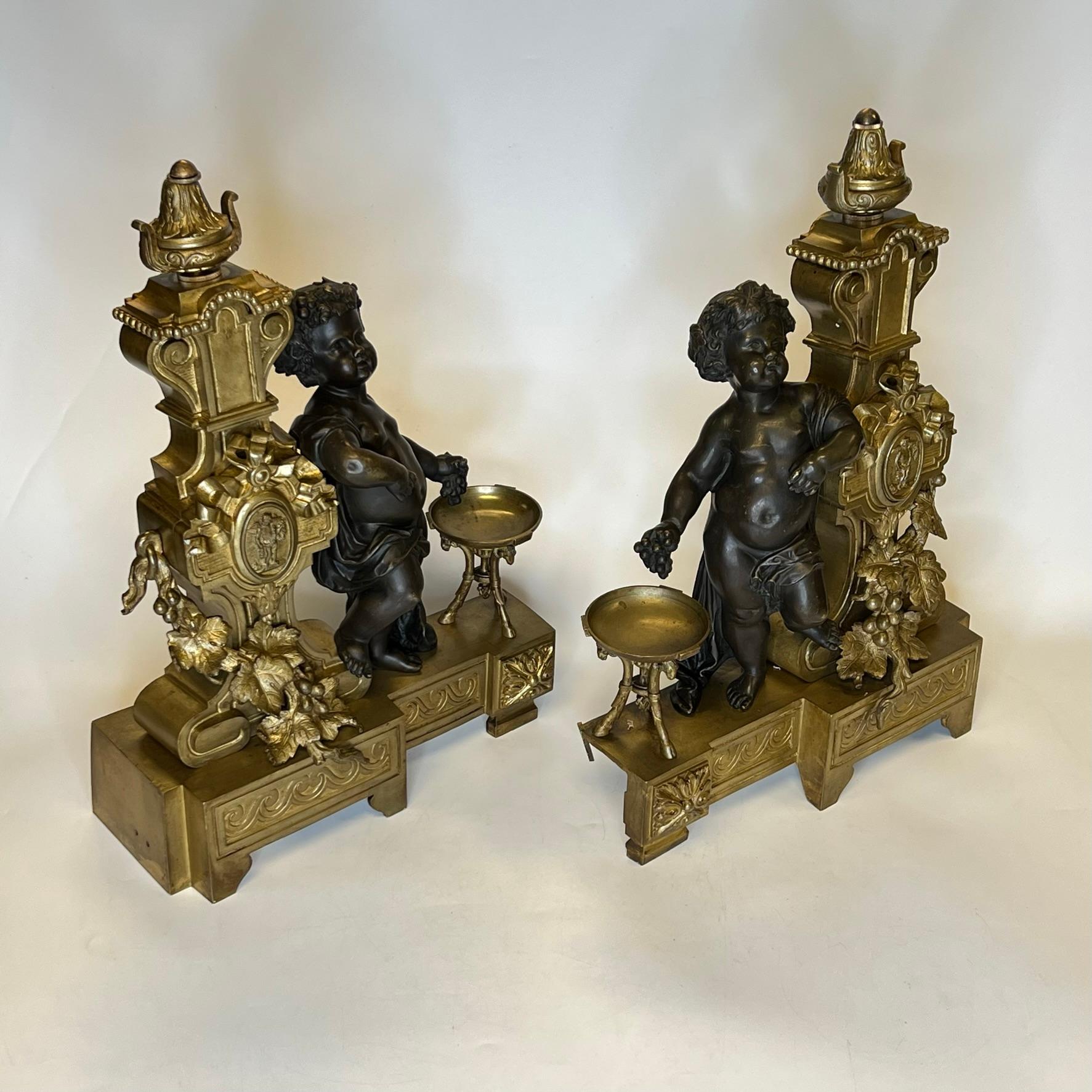 Pair 19th Century French Gilt and Patinated Bronze Chenets in Louis XVI Style In Good Condition In New York, NY