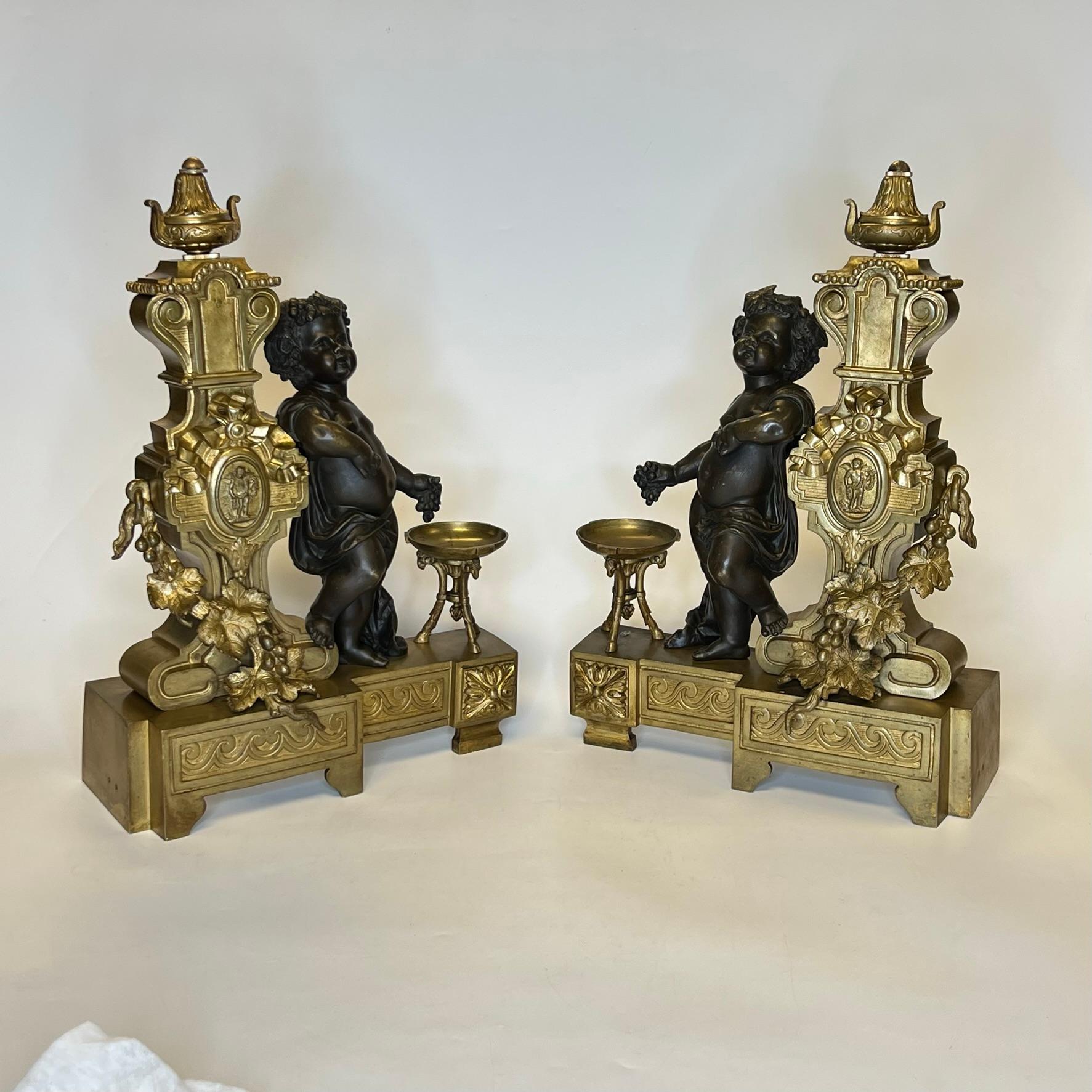 Pair 19th Century French Gilt and Patinated Bronze Chenets in Louis XVI Style 1