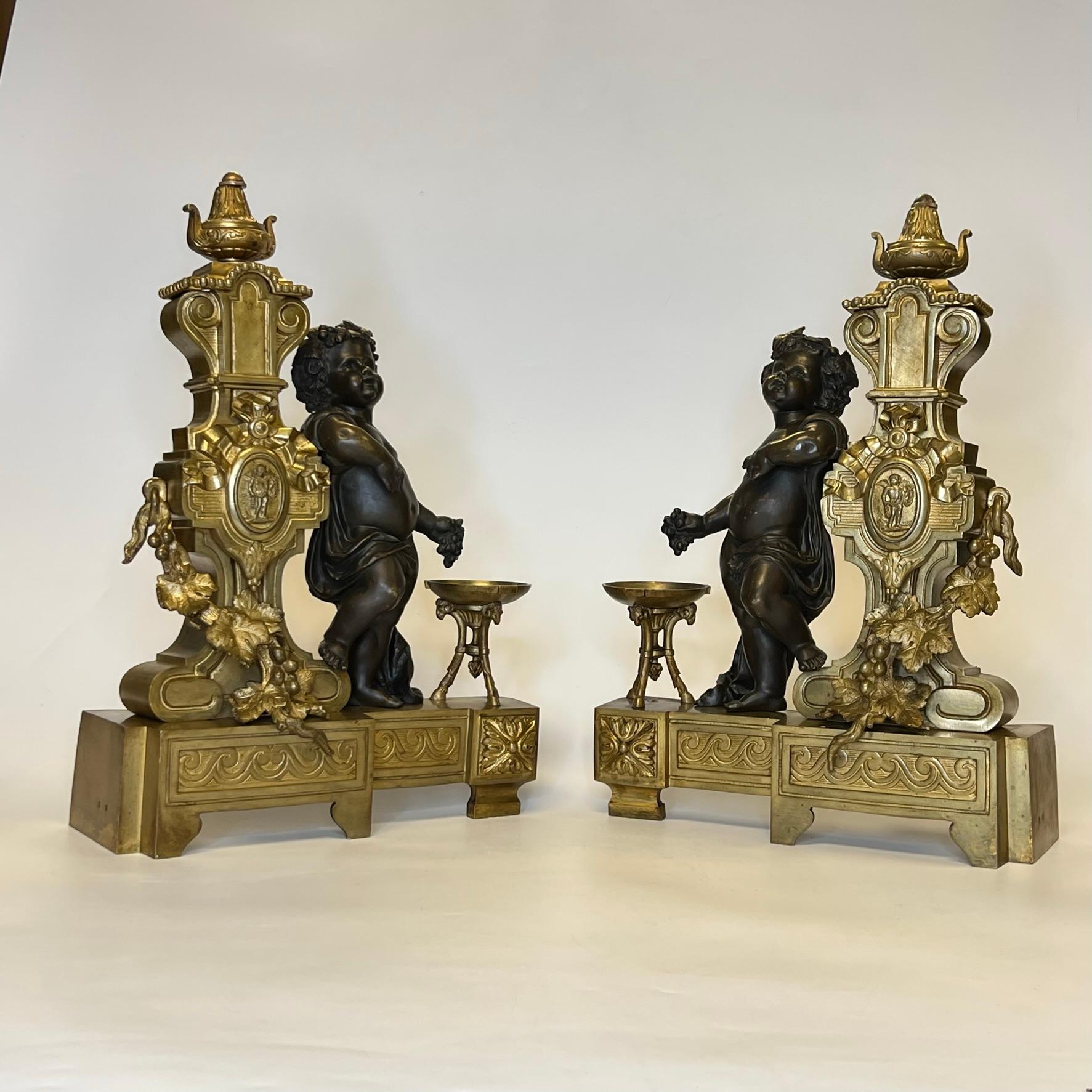 Pair 19th Century French Gilt and Patinated Bronze Chenets in Louis XVI Style 2