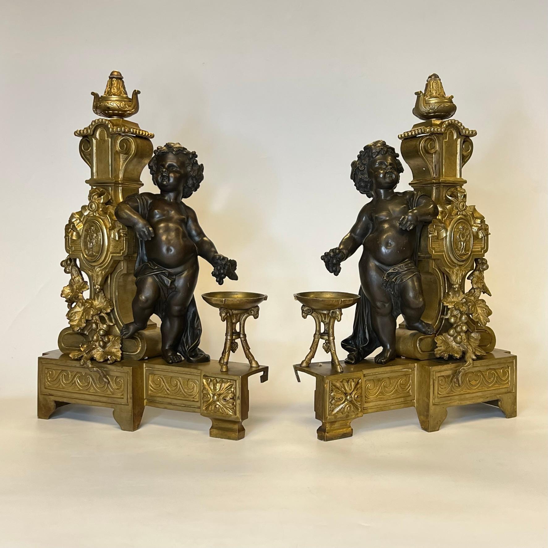 Pair 19th Century French Gilt and Patinated Bronze Chenets in Louis XVI Style 3