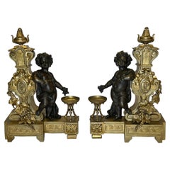 Pair 19th Century French Gilt and Patinated Bronze Chenets in Louis XVI Style