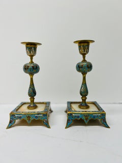 Pair, 19th Century French Gilt Bronze, Cloisonne & Onyx Candlesticks