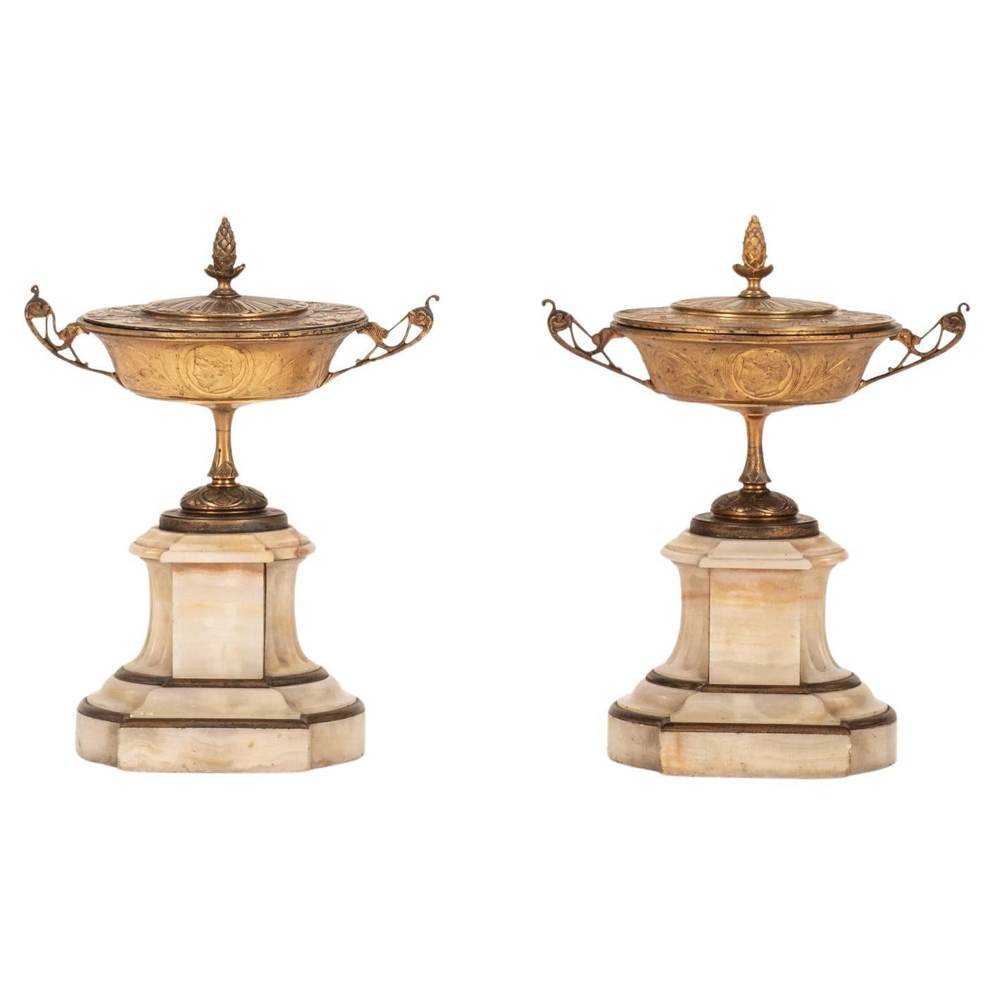 Pair 19th Century French Gilt Bronze Marble Neoclassical Urn Garnitures