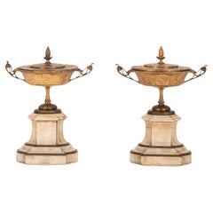 Pair 19th Century French Gilt Bronze Marble Neoclassical Urn Garnitures