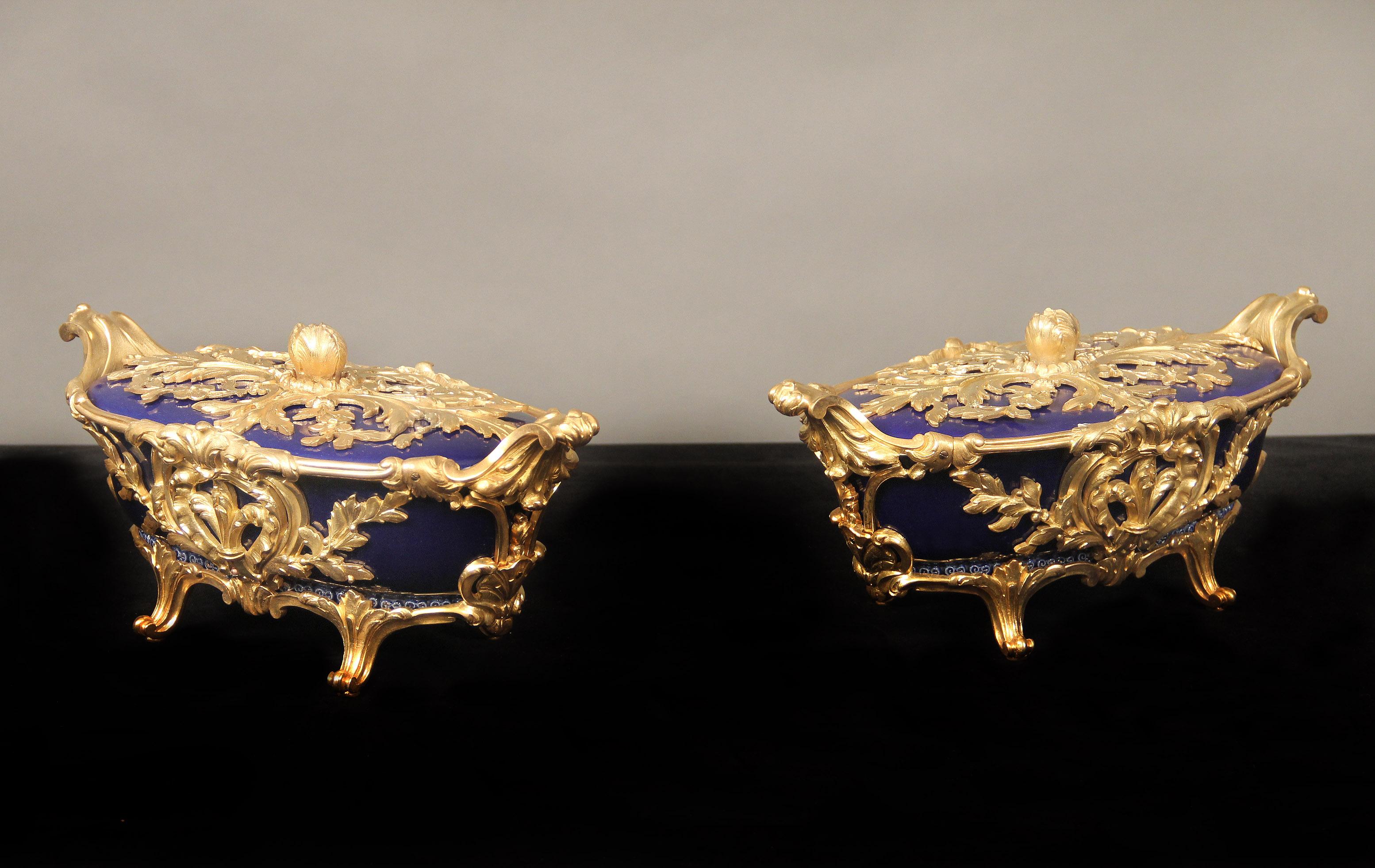 Fina pareja de dulceras de porcelana china montadas en bronce dorado francés de finales del siglo XIX

Pesadas monturas florales de bronce sobre las hermosas tapas y cuencos de porcelana esmaltada en azul cobalto, asas a ambos lados y apoyo sobre