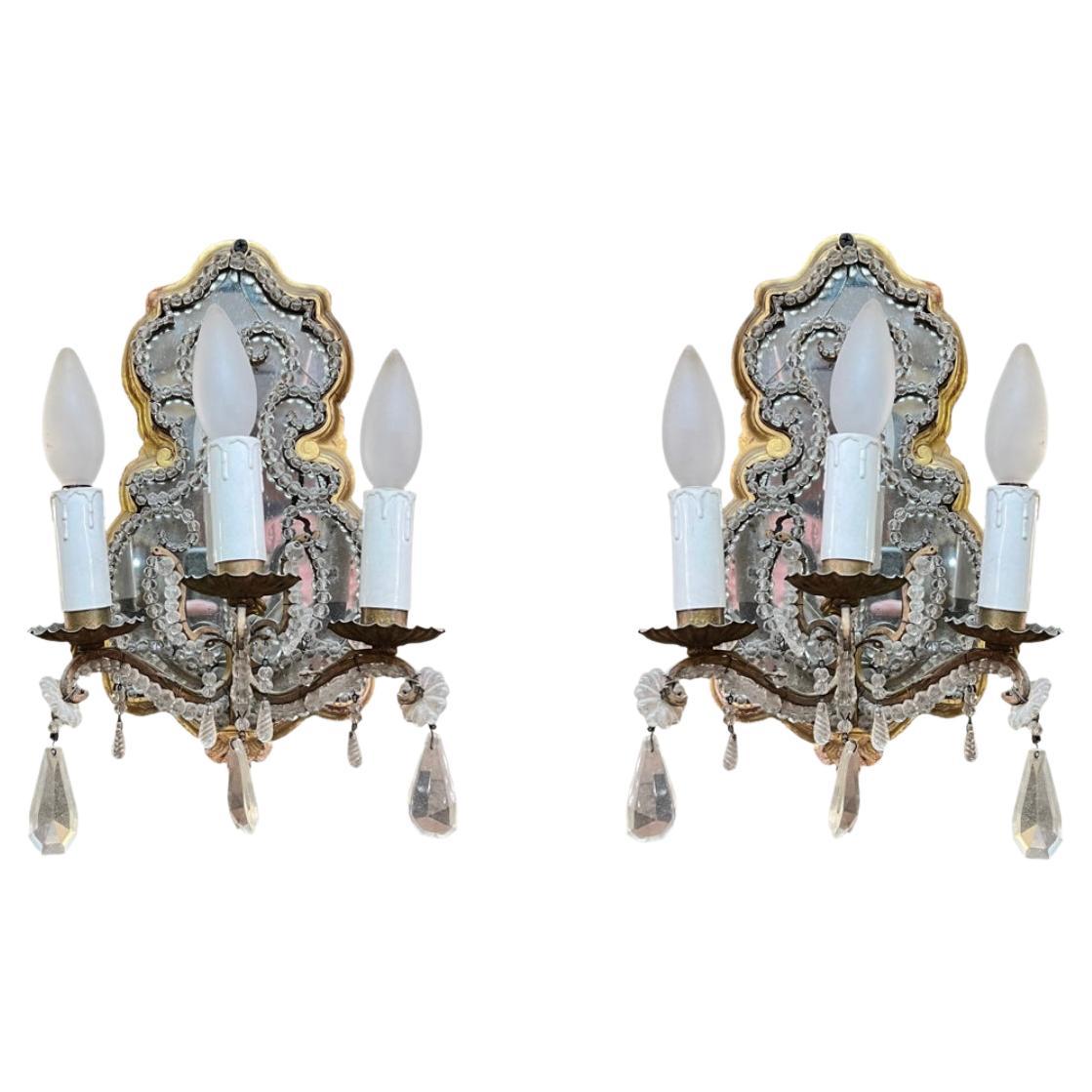 Pair 19th Century French Gilt Metal Mounted Mirrored Giltwood Sconces