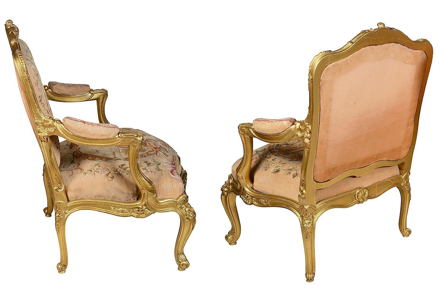 Hand-Carved Pair 19th Century French gilt wood Salon chairs. For Sale