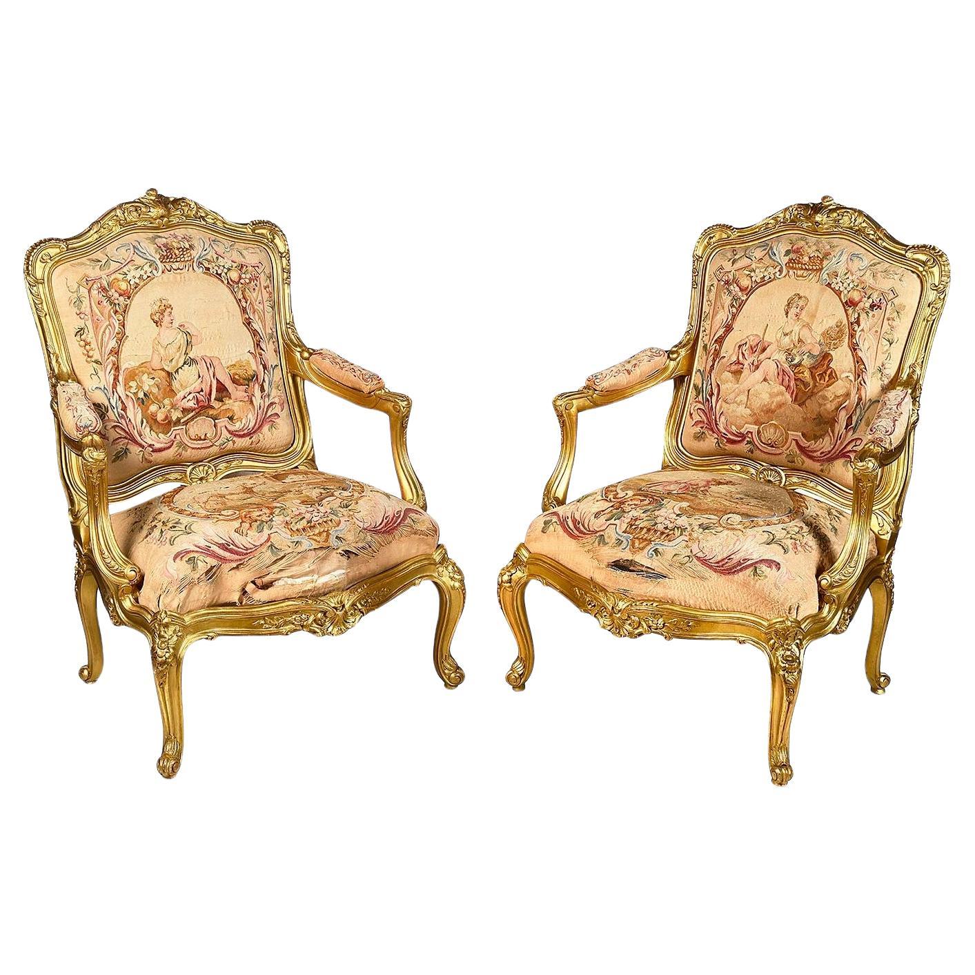 Pair 19th Century French gilt wood Salon chairs. For Sale